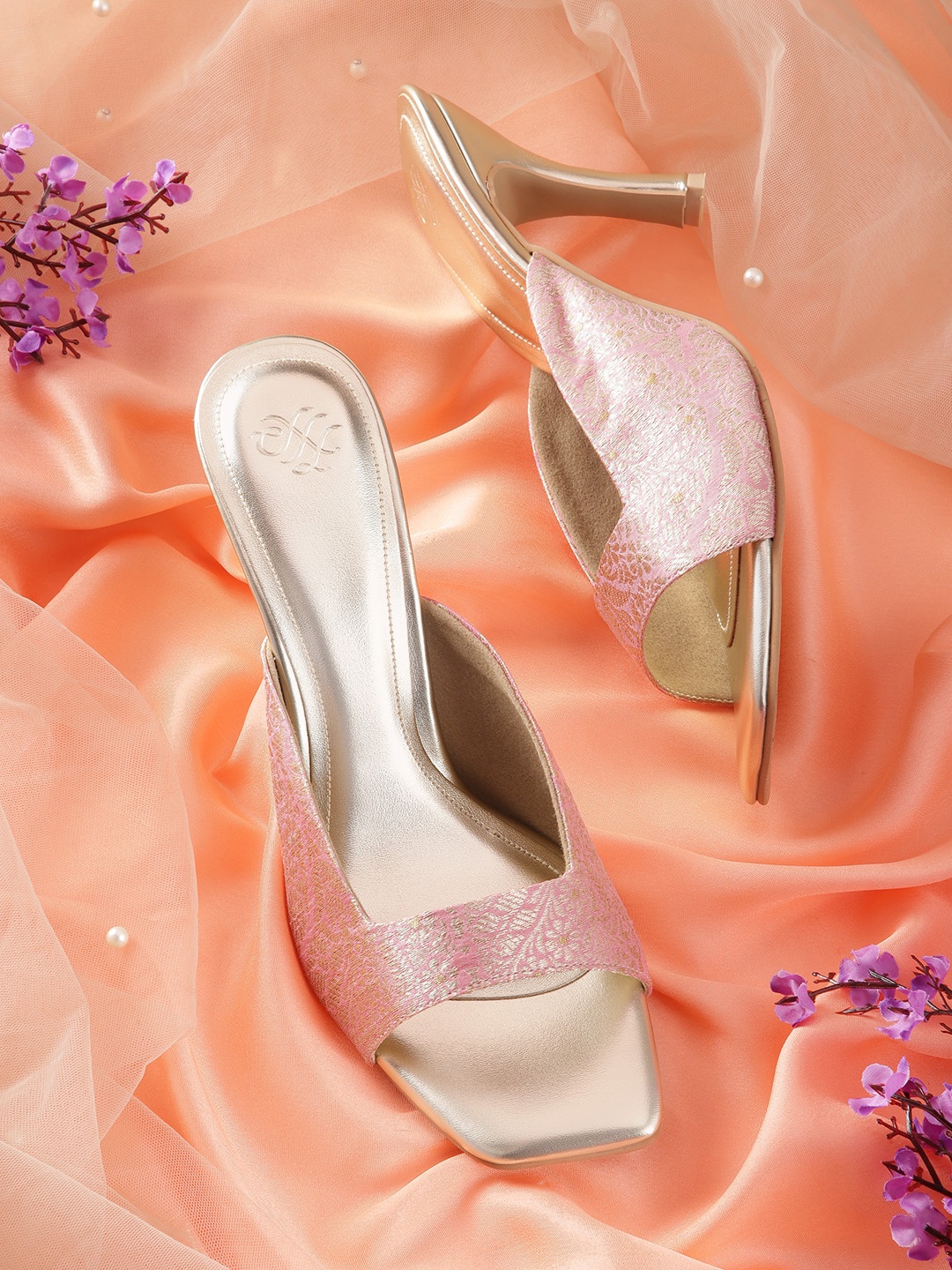 

House of Pataudi Woven Design Ethnic Slim Heels, Pink