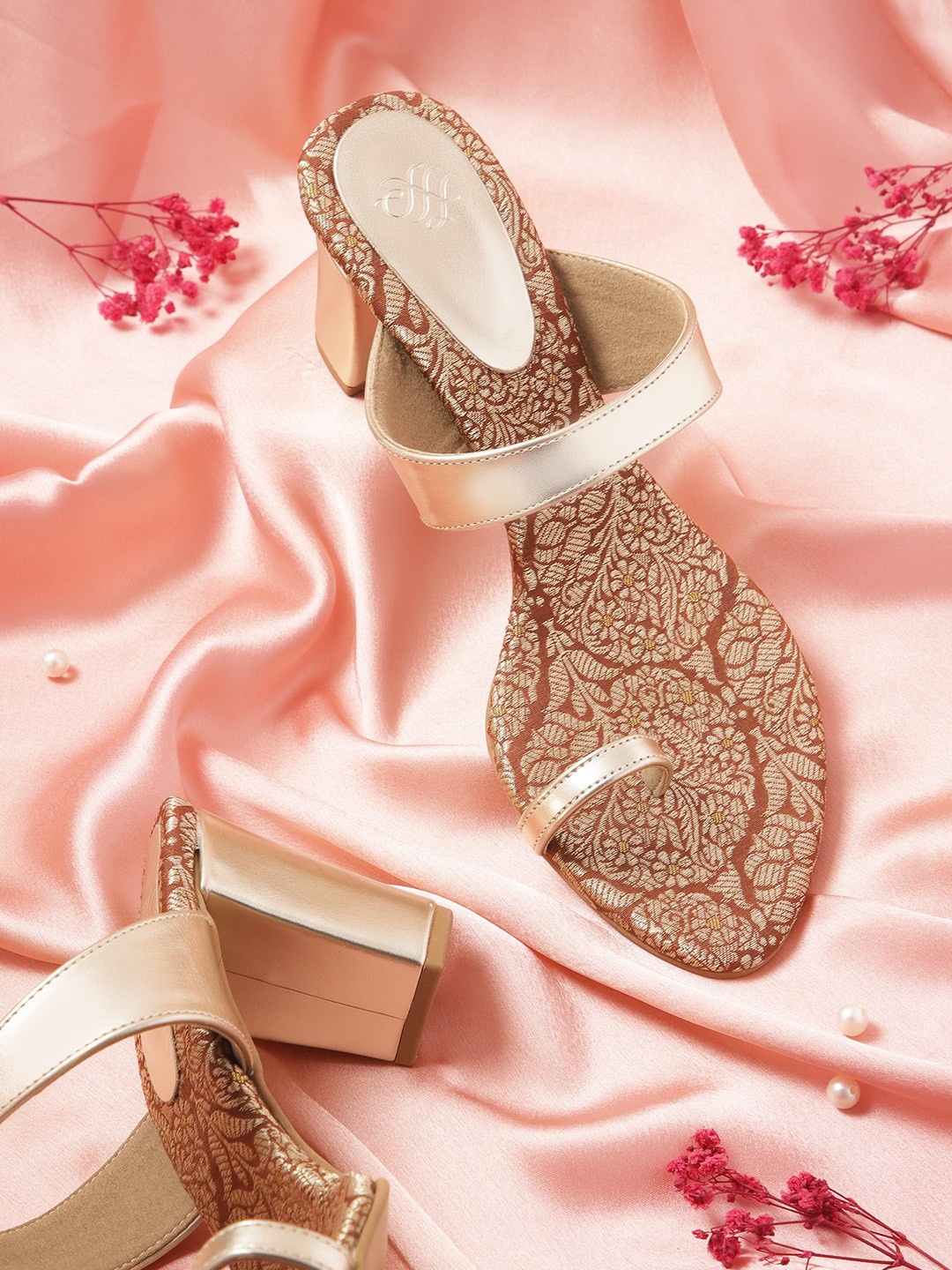 

House of Pataudi Ethnic Block Slim Heels, Gold
