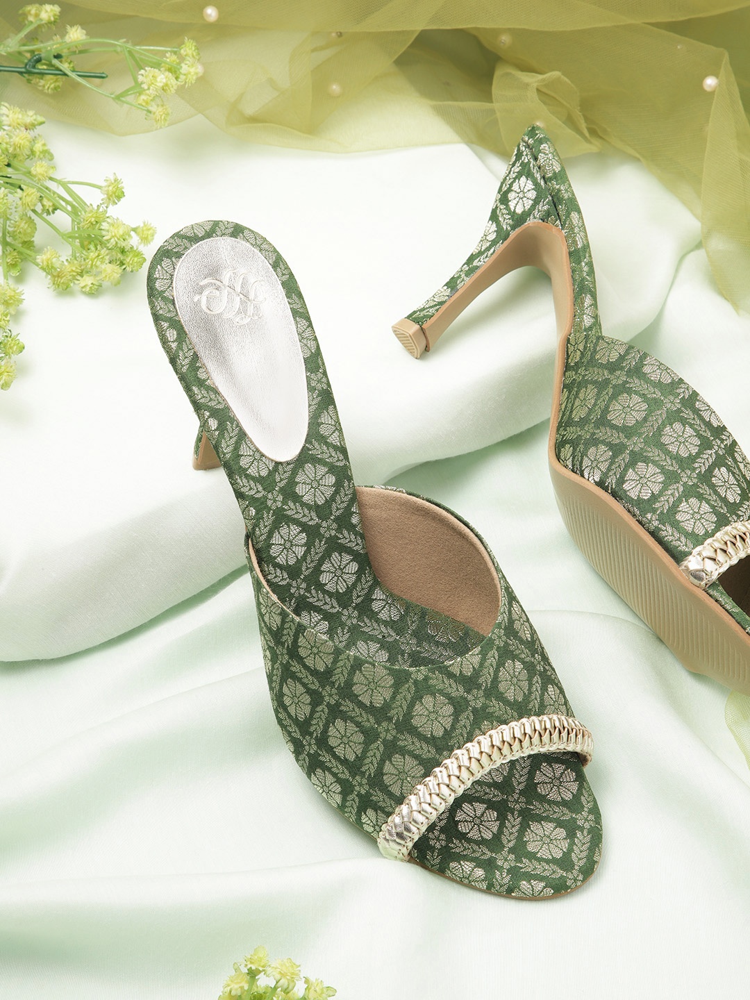 

House of Pataudi Woven Design Ethnic Slim Heels, Green