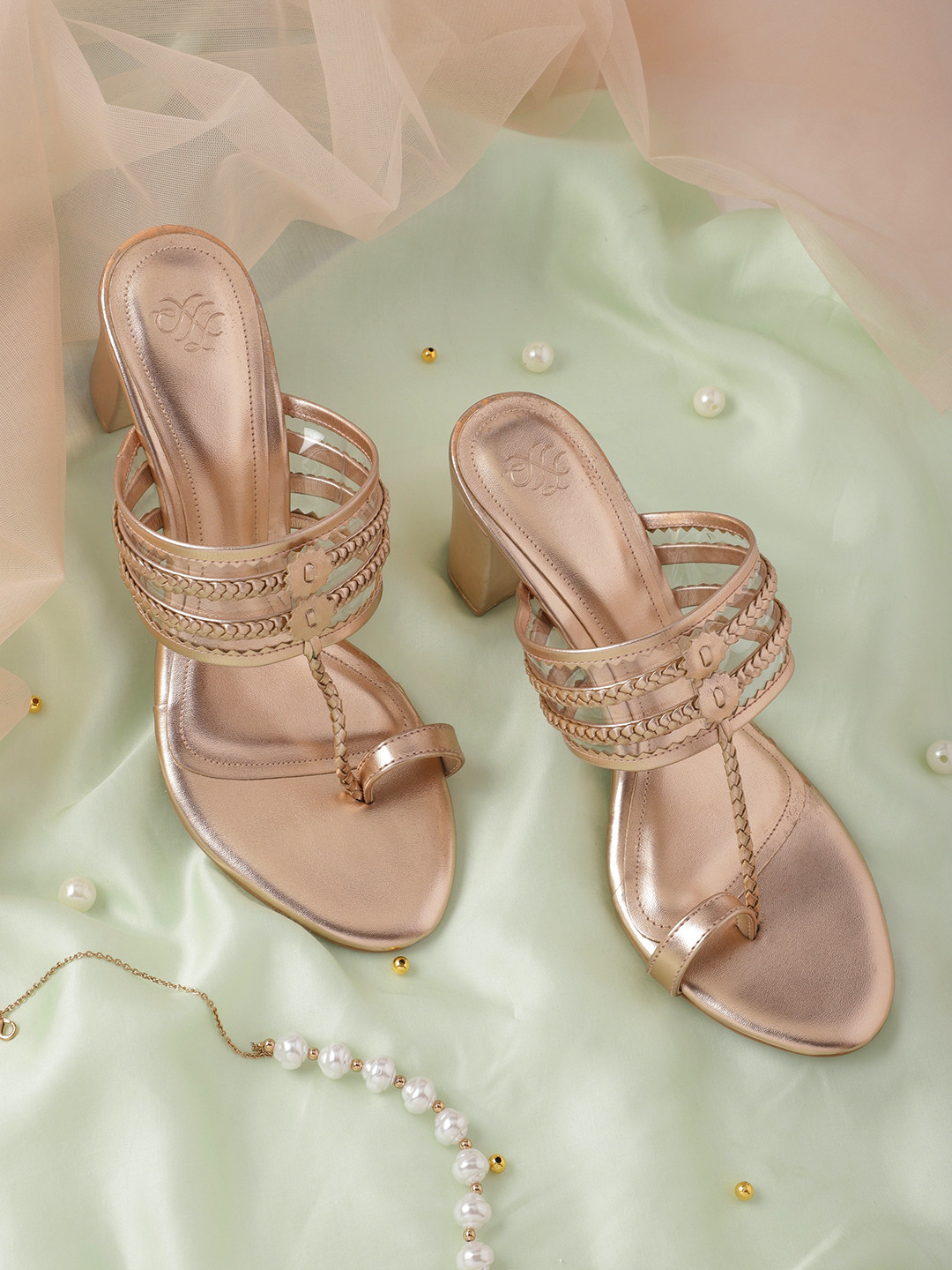 

House of Pataudi Woven Design Handcrafted Ethnic Block Heels, Rose gold