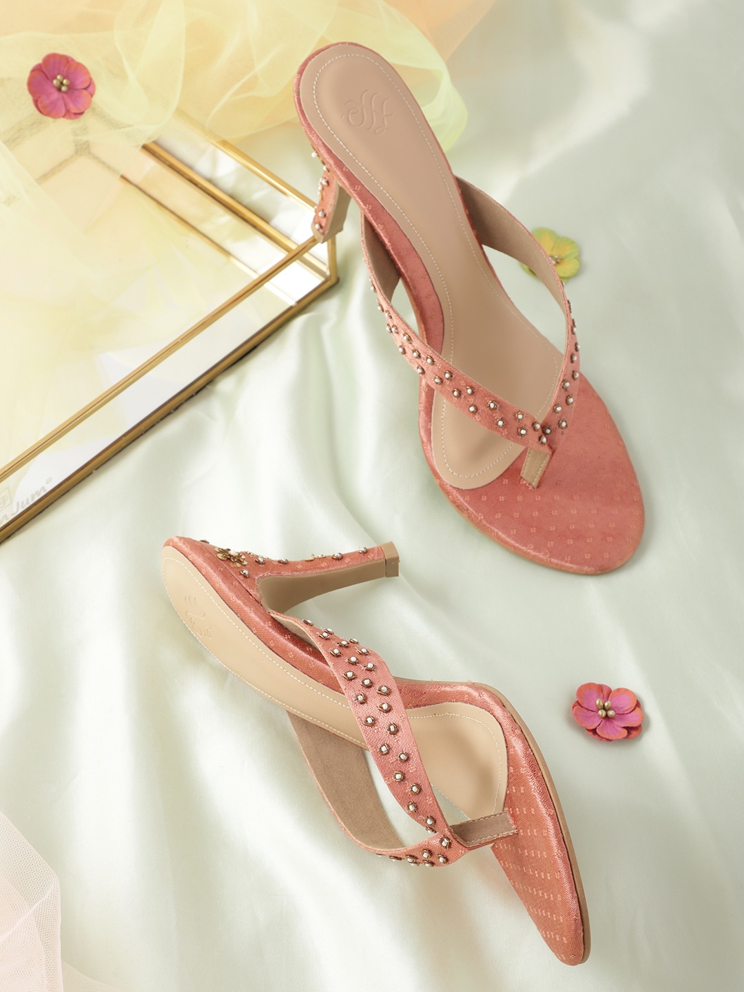 

House of Pataudi Embellished Handcrafted Ethnic Slim Heels, Peach