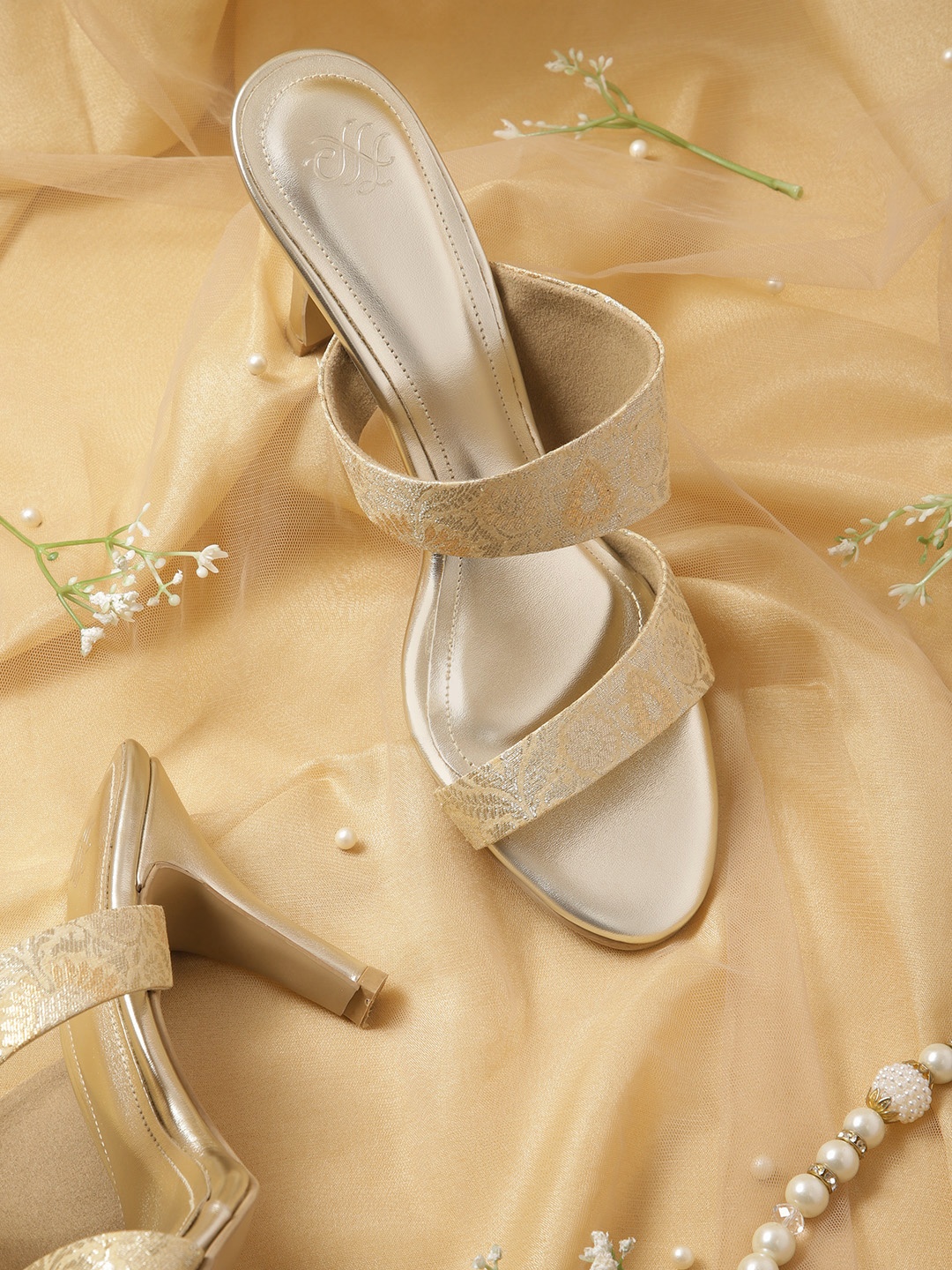 

House of Pataudi Woven Ethnic Slim Heels, Cream