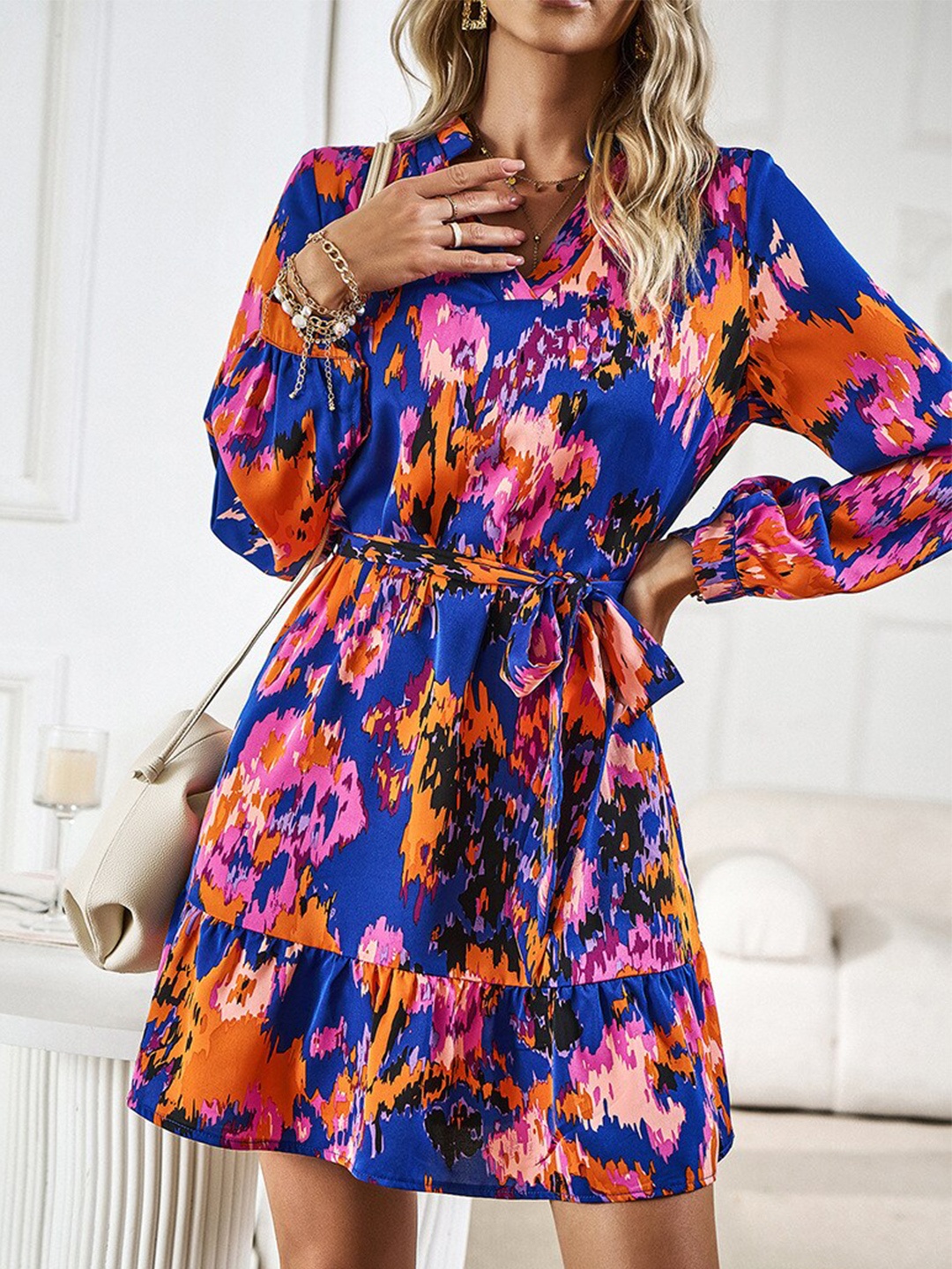 

BoStreet Blue & Pink Printed Fit & Flare Dress