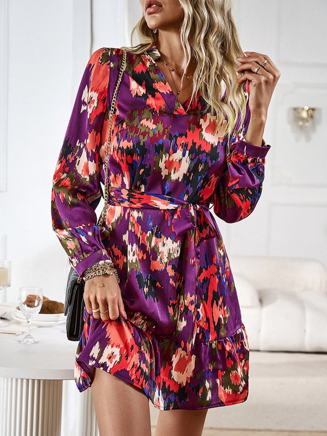 

BoStreet Purple Abstract Printed Puffed Sleeves Fit & Flare Dress