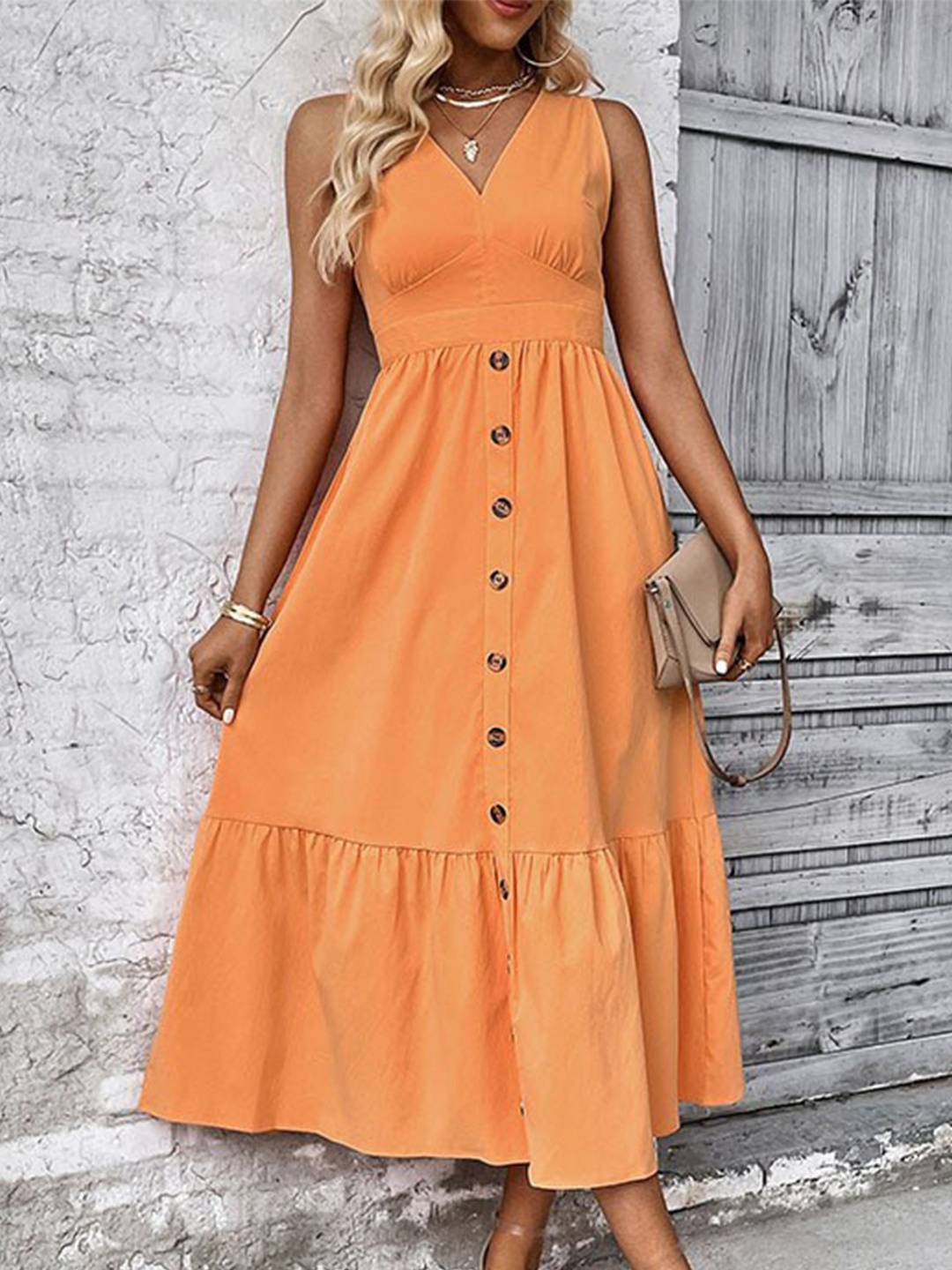 

BoStreet Orange V-Neck A-Line Midi Dress
