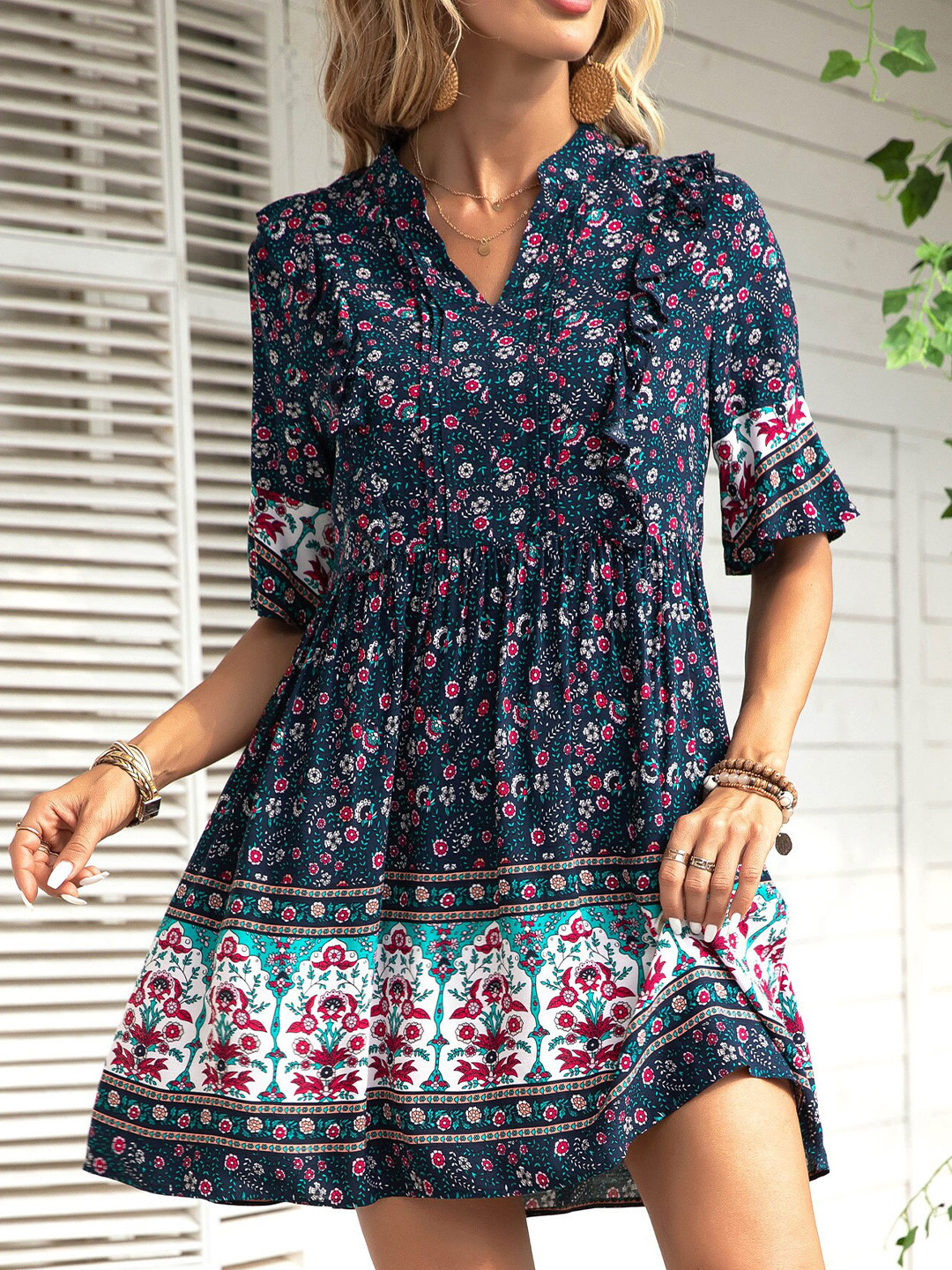 

BoStreet Blue Floral Printed Mandarin Collar Fit & Flare Dress