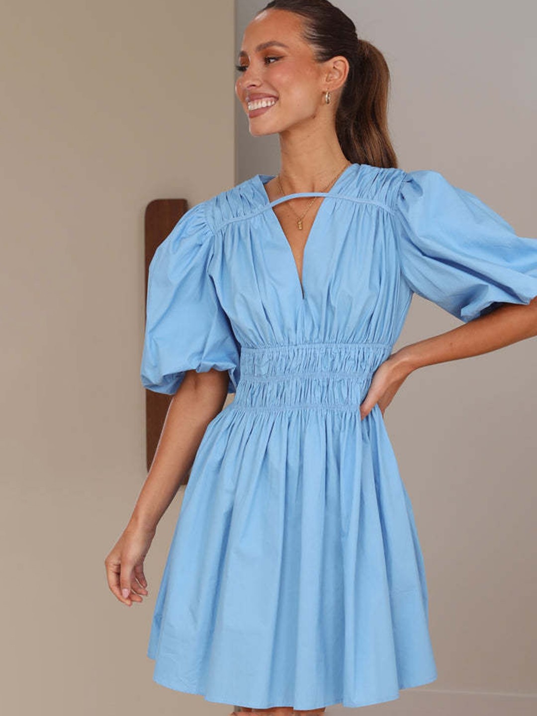 

BoStreet Blue V-Neck Puff Sleeves Smocked Detail Fit & Flare Dress