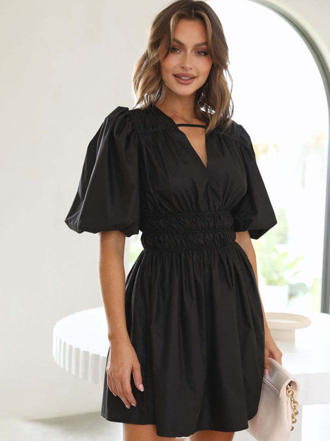 

StyleCast Black Smocked Detailed V-Neck Puff Sleeves Fit & Flare Dress