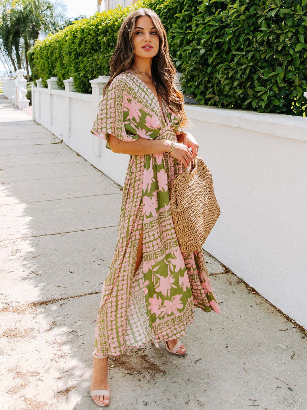 

BoStreet Olive Green Floral Print Flared Sleeve Maxi Dress