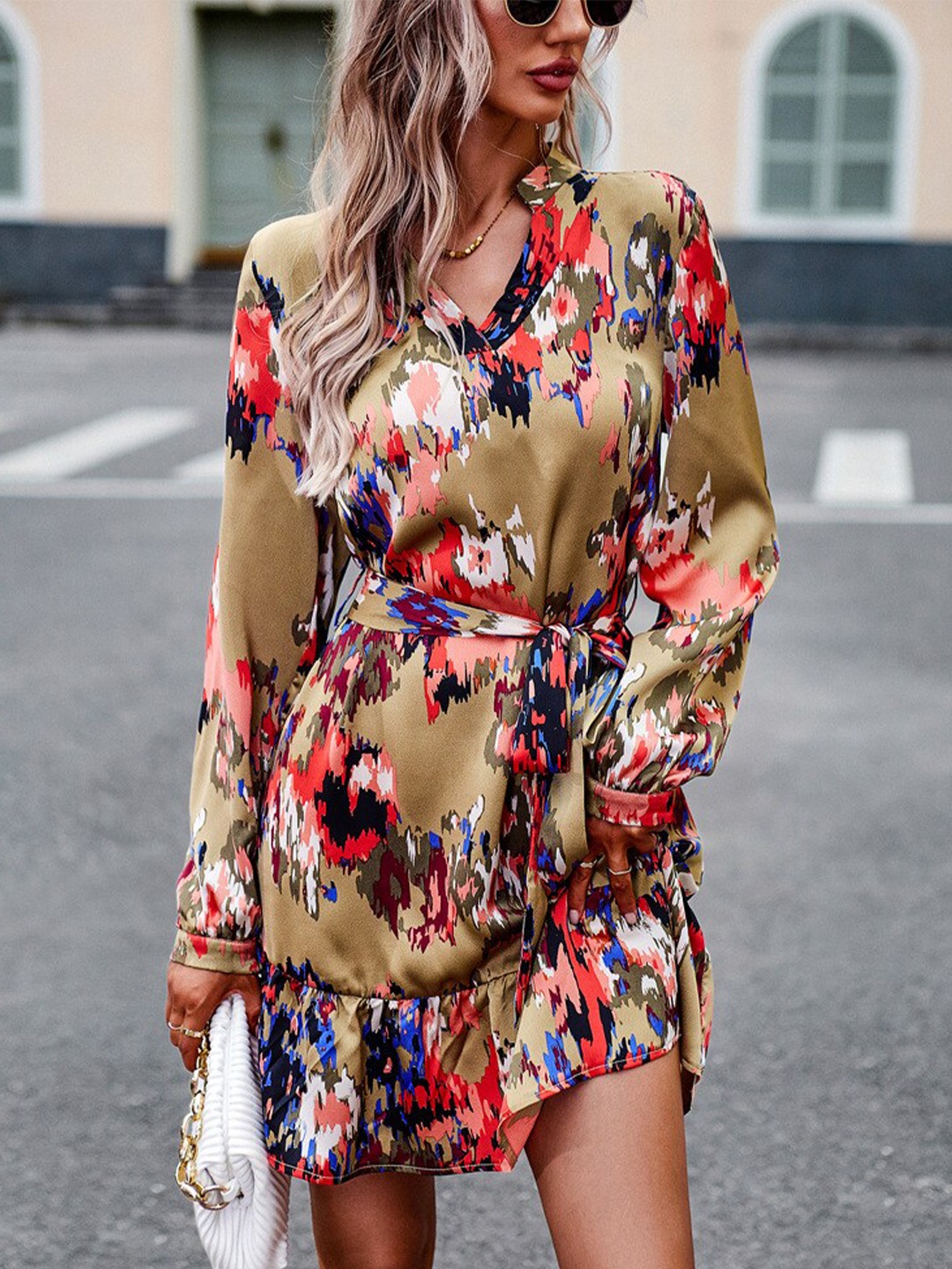 

BoStreet Khaki Abstract Printed Puffed Sleeves Fit & Flare Dress