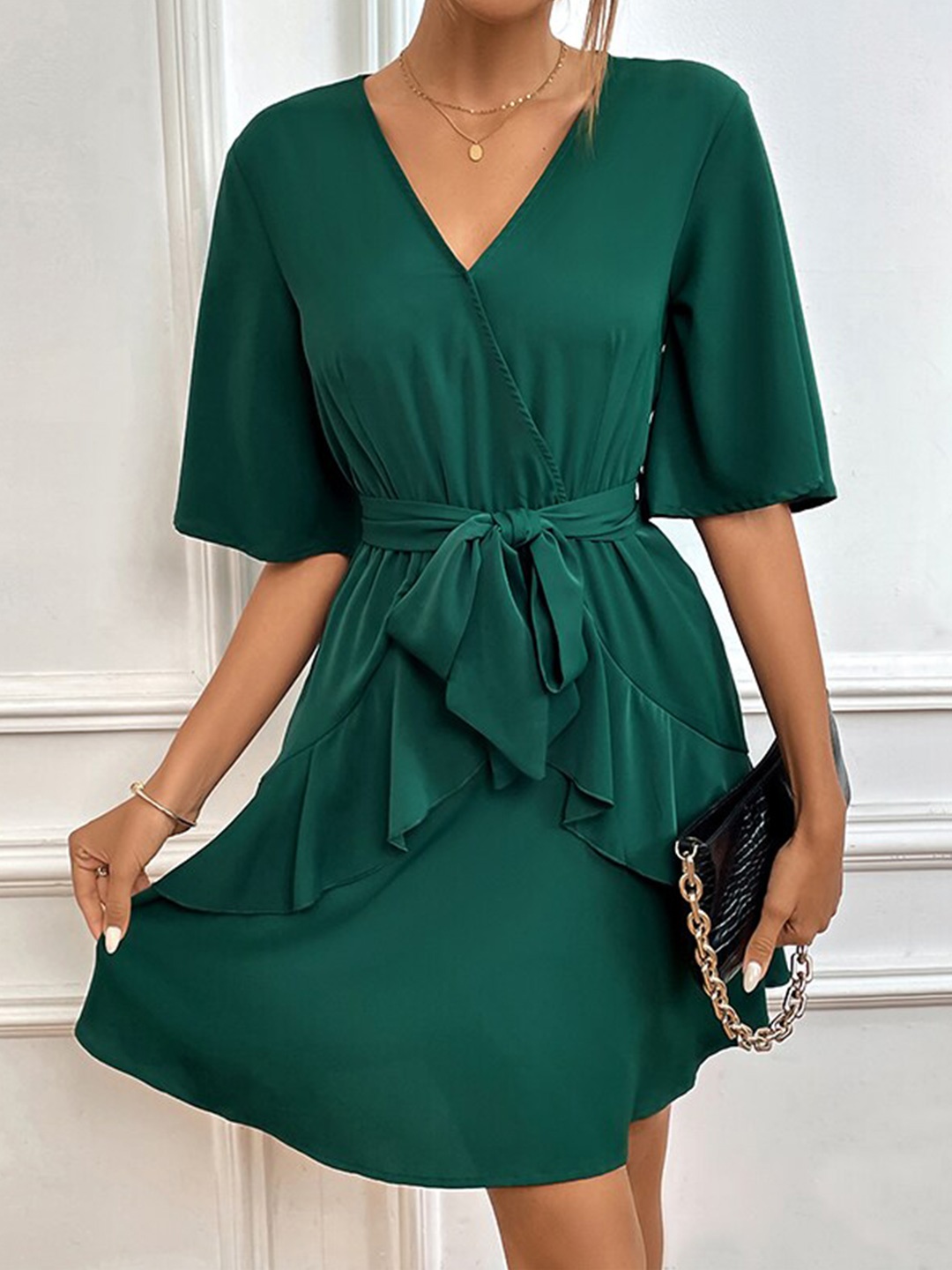 

BoStreet Green Flared Sleeves Ruffled Fit & Flare Dress