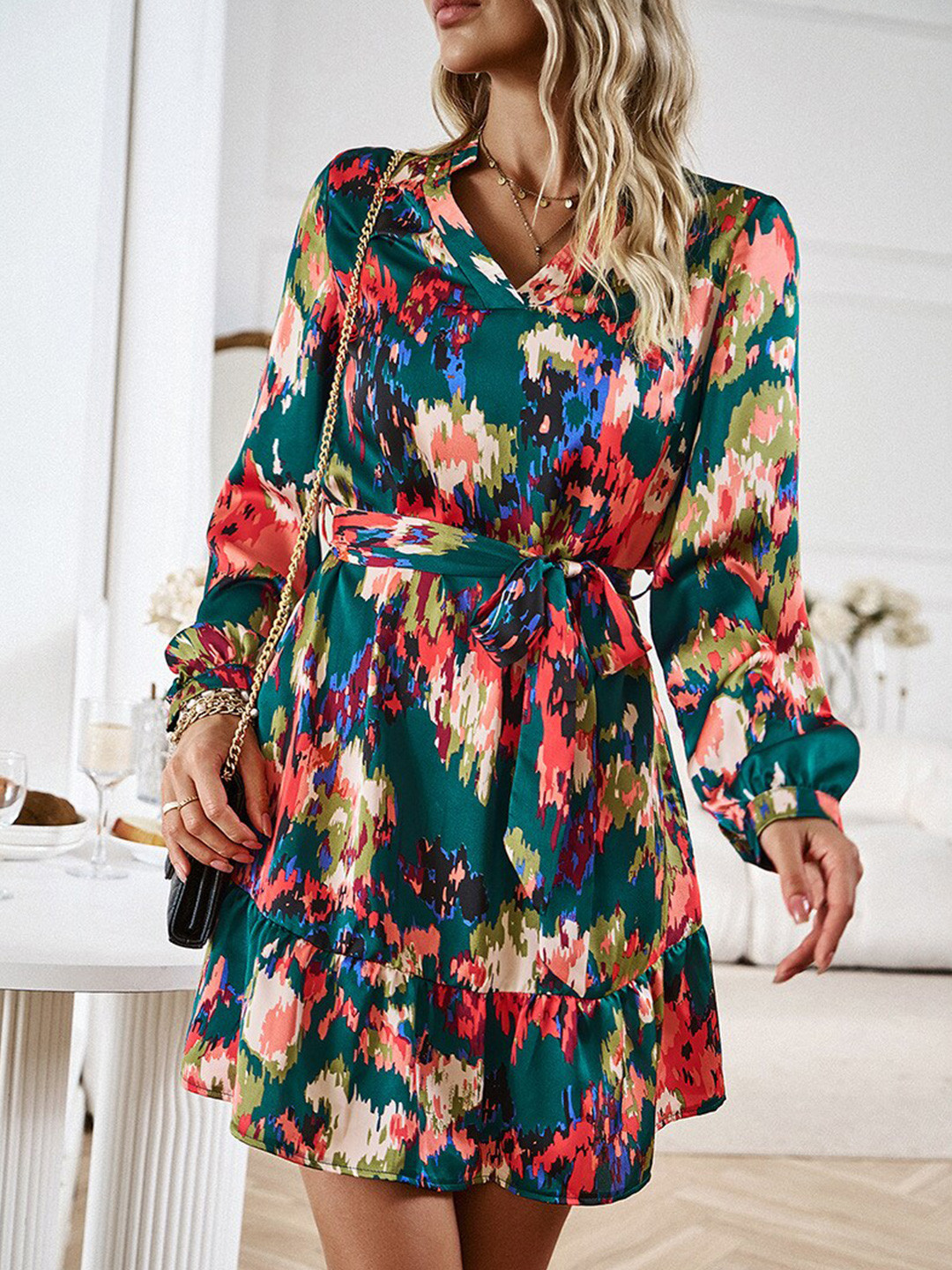 

BoStreet Green Abstract Printed Tie-Ups Fit & Flare Dress
