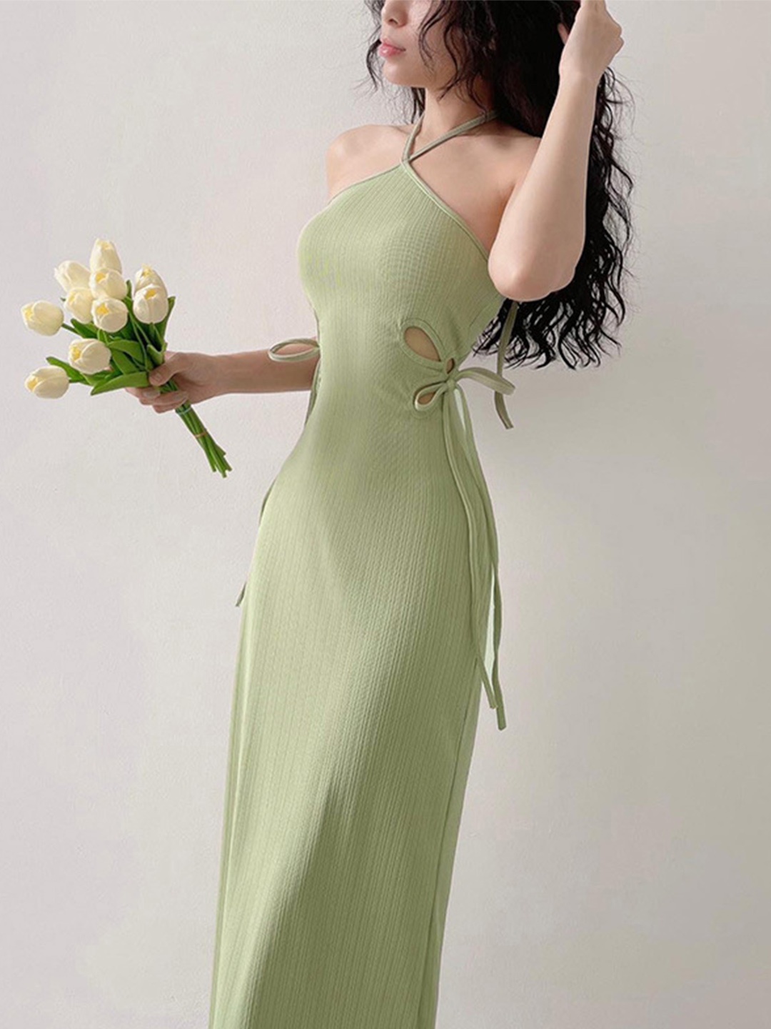 

BoStreet Sea Green Halter Neck Cut -Out Bodycon Maxi Dress