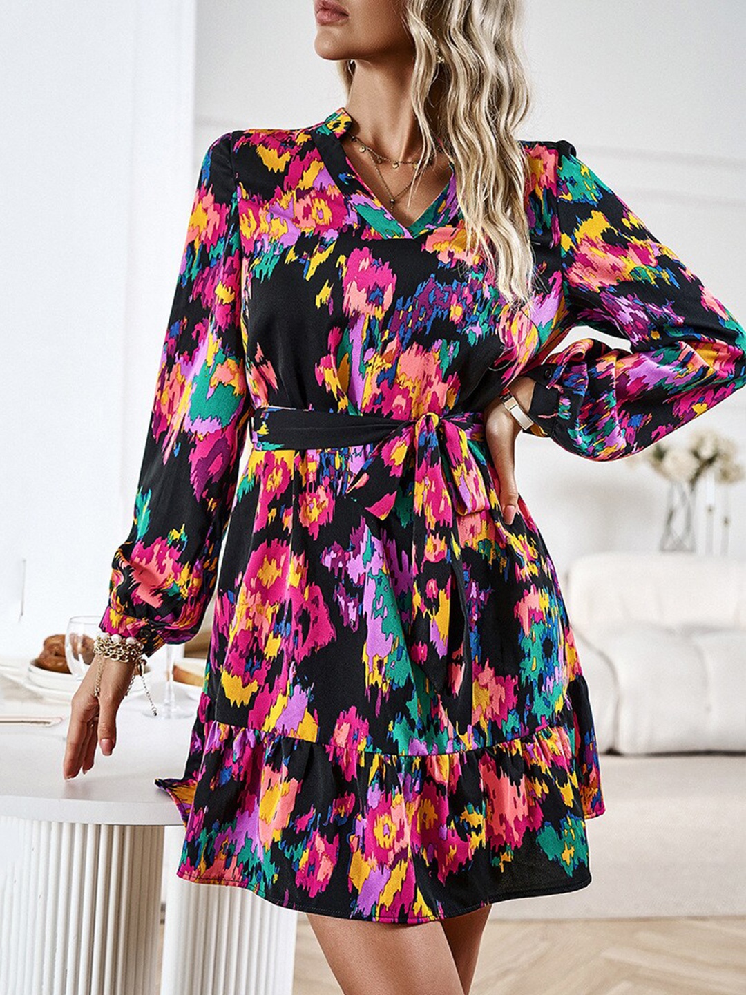 

BoStreet Black And Pink Abstract Printed Puffed Sleeves Fit & Flare Dress