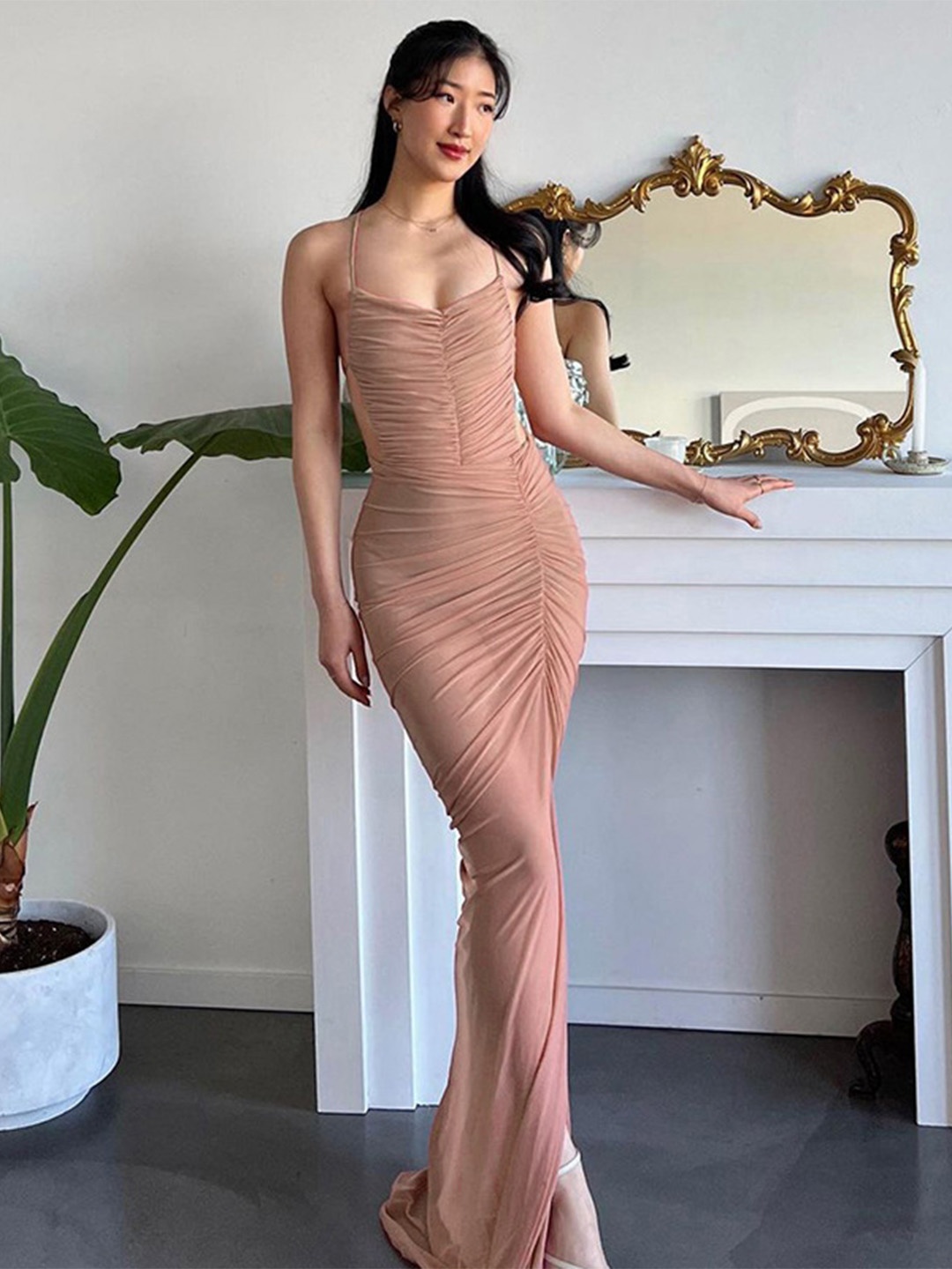 

BoStreet Peach-Coloured Gathered Detailed Shoulder Straps Bodycon Maxi Dress