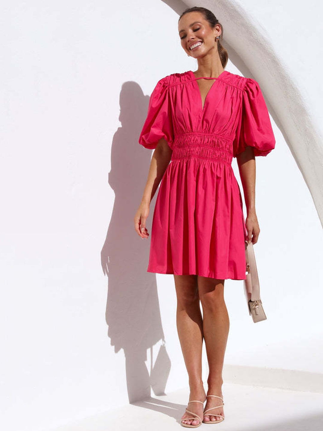 

StyleCast Red Smocked Detailed V-Neck Puff Sleeves Fit & Flare Dress