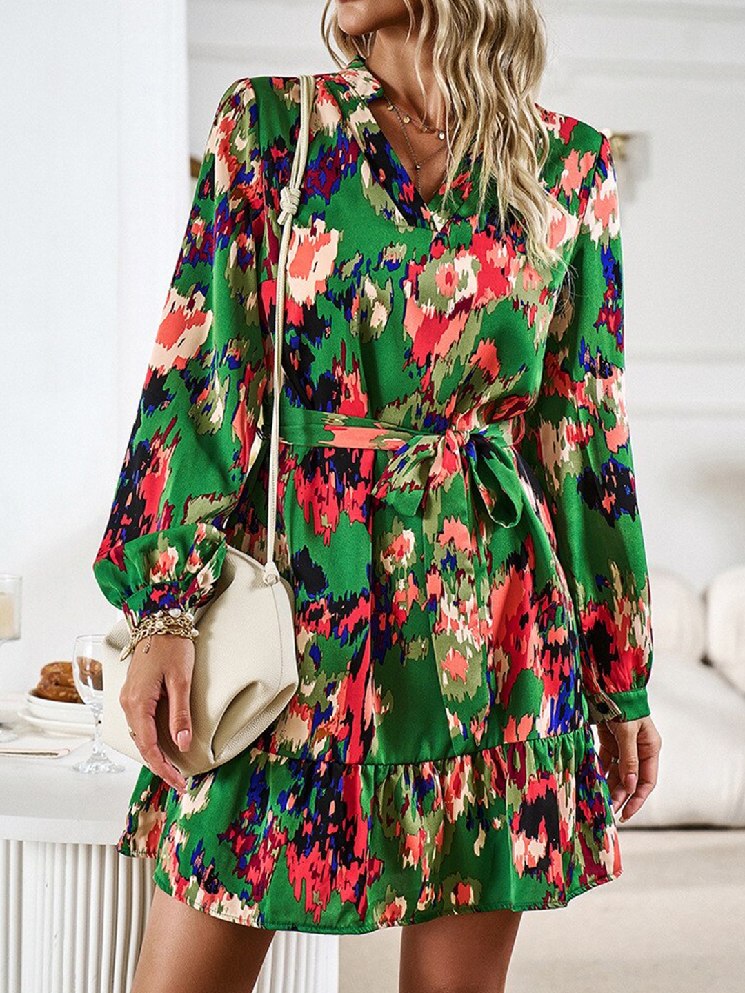 

BoStreet Abstract Printed Puff Sleeves A-Line Dress, Green