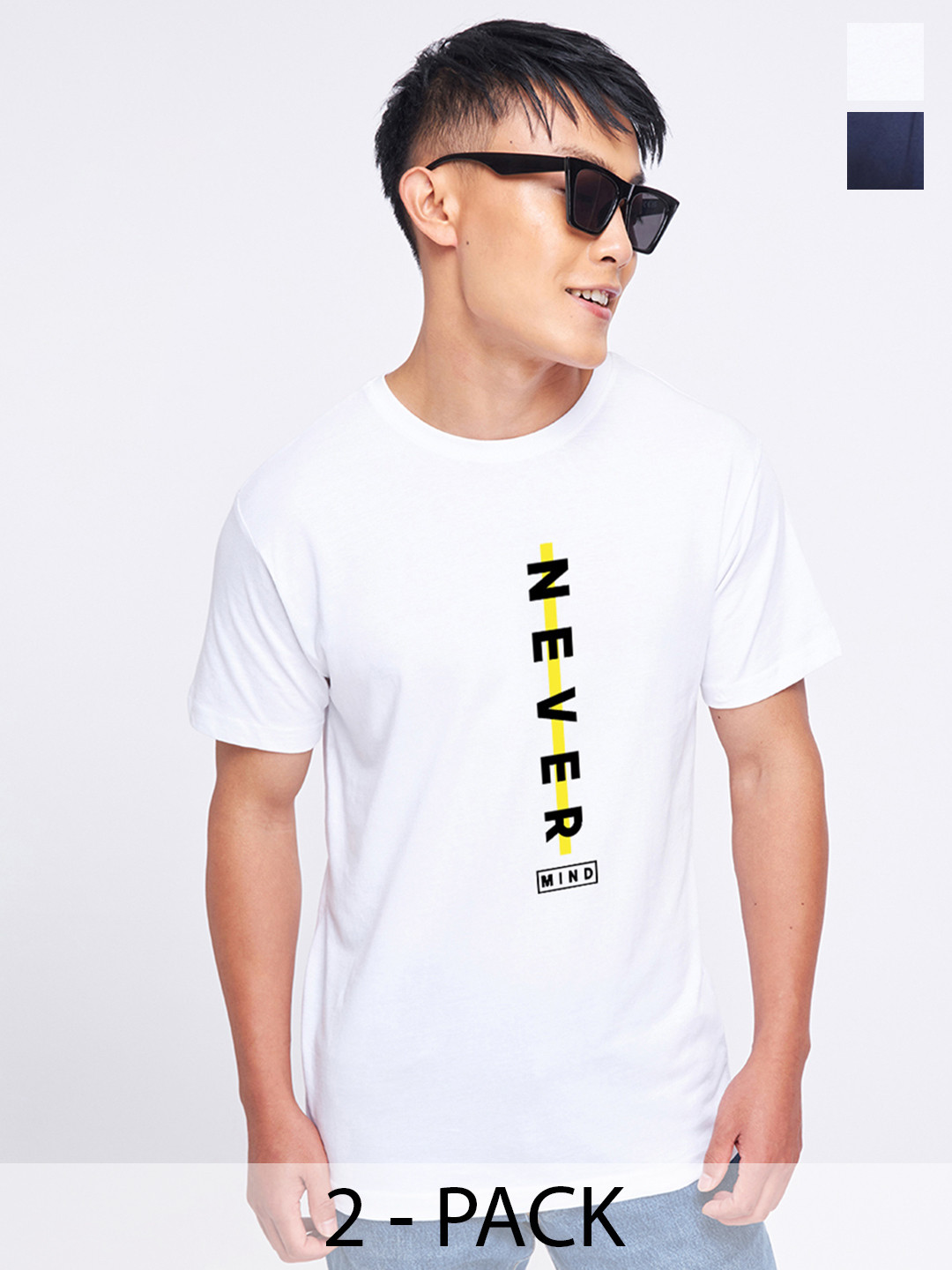 

Bewakoof White & Blue Pack of 2 Typography Printed Regular Fit Pure Cotton T-shirts