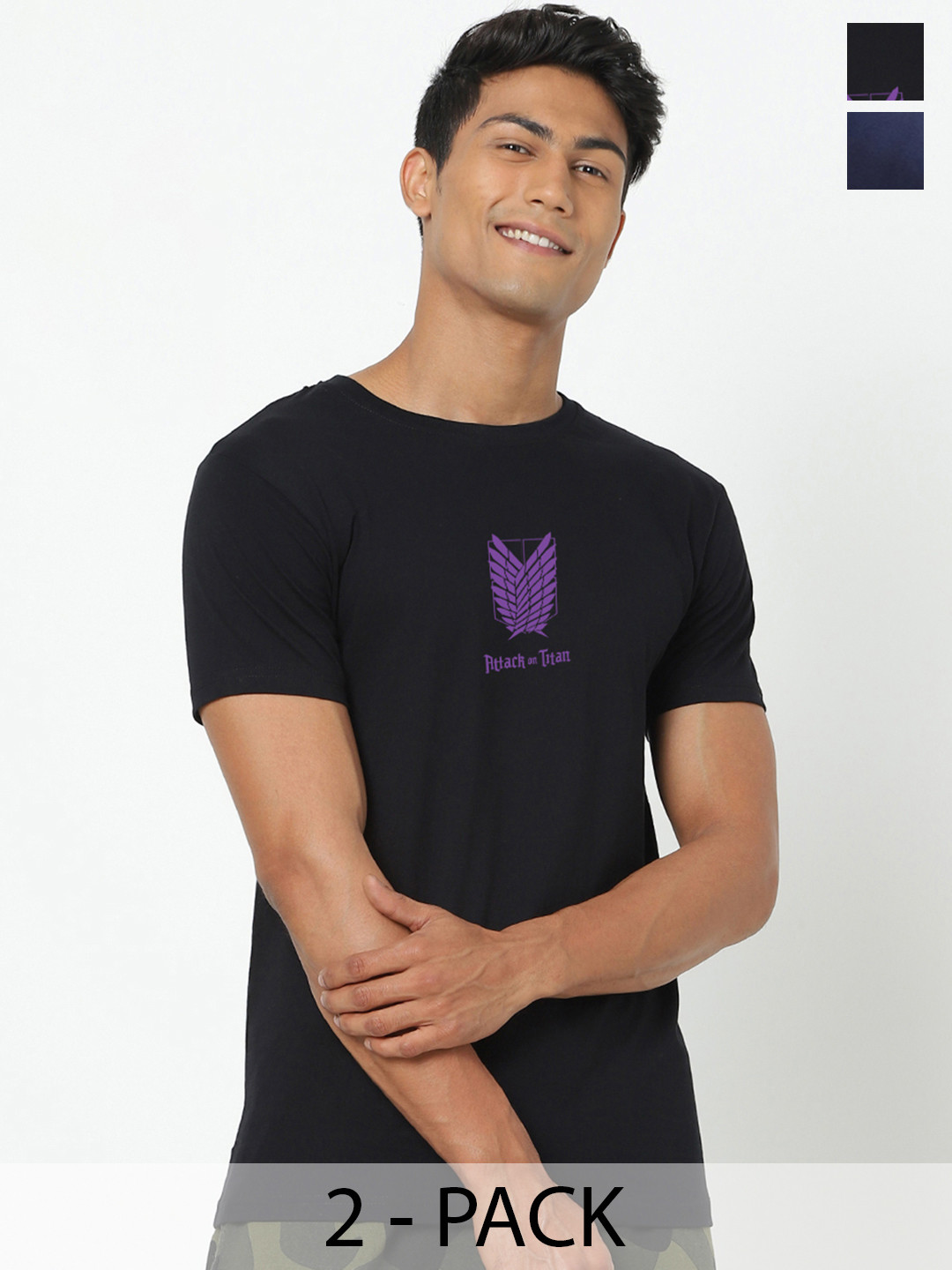

Bewakoof Black and Blue Pack of 2 Attack on Titan Printed Regular Fit Pure Cotton T-shirts