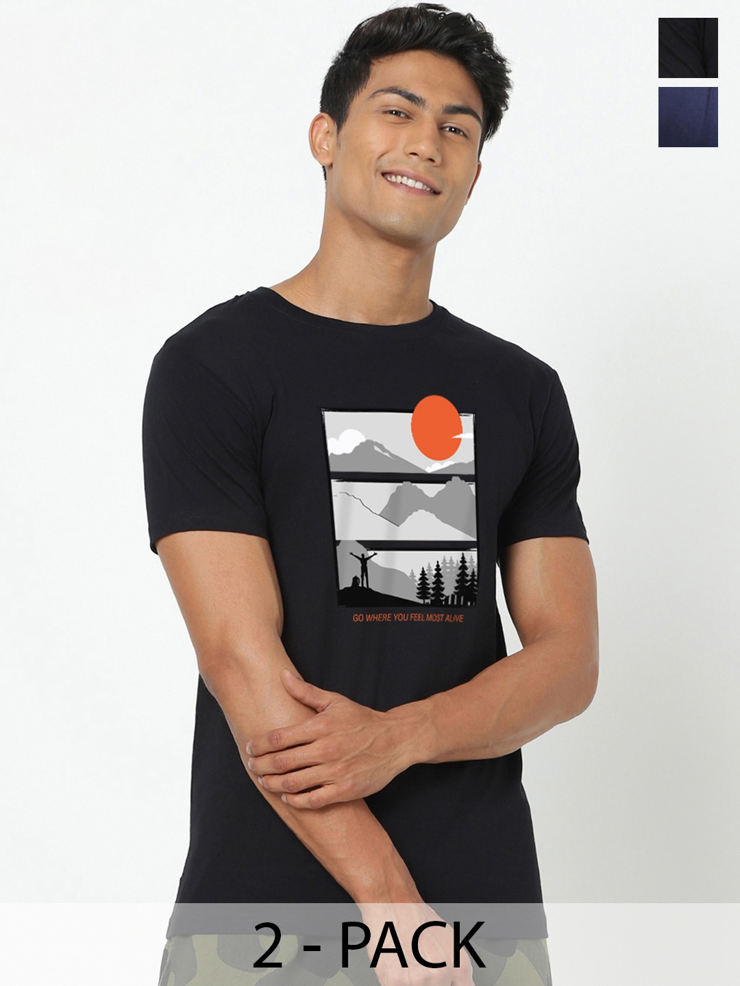 

Bewakoof Black and Blue Pack of 2 Graphic Printed Regular Fit Pure Cotton T-shirts