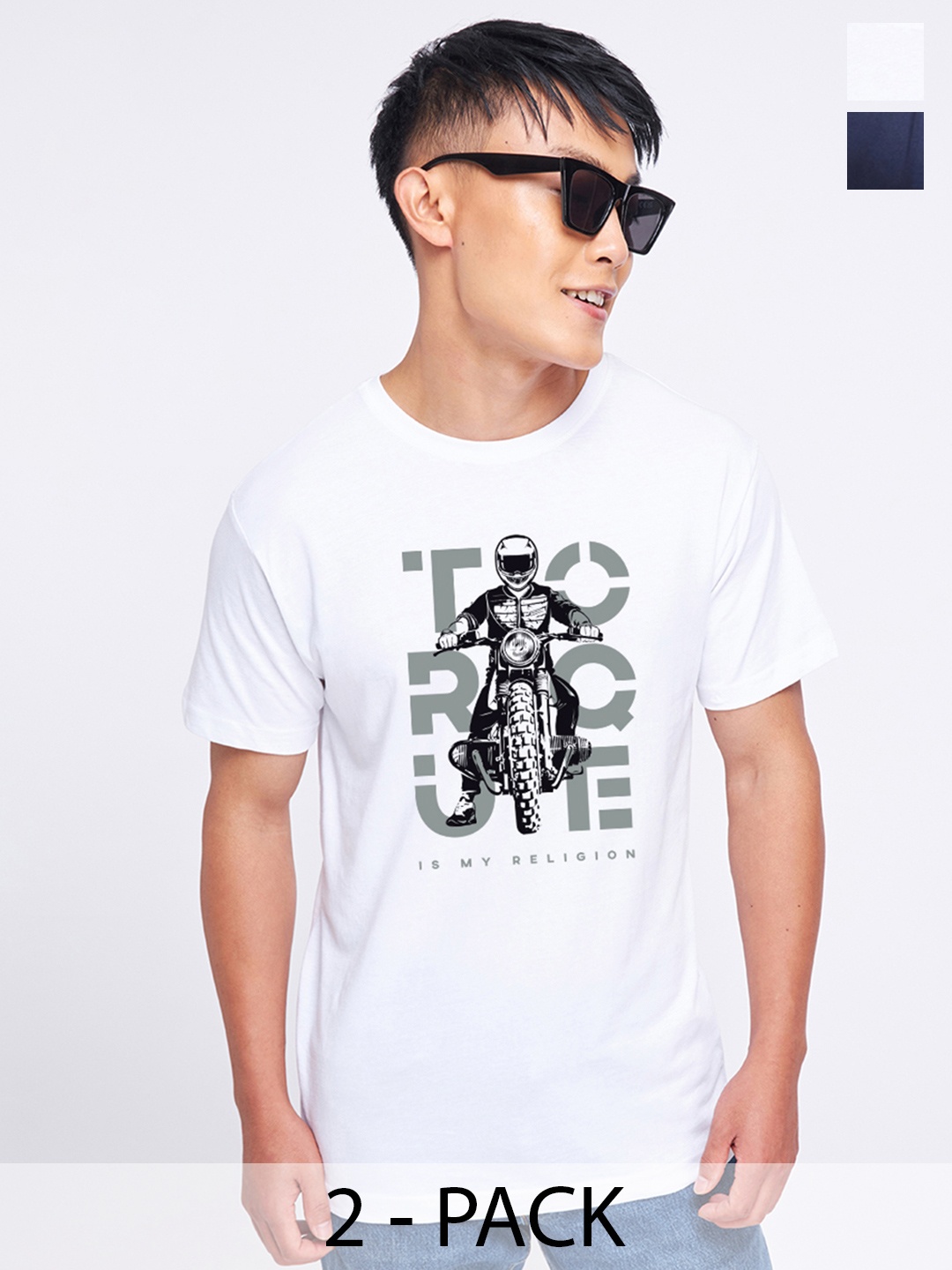 

Bewakoof Blue and White Pack of 2 Biker Printed Regular Fit Pure Cotton T-shirts