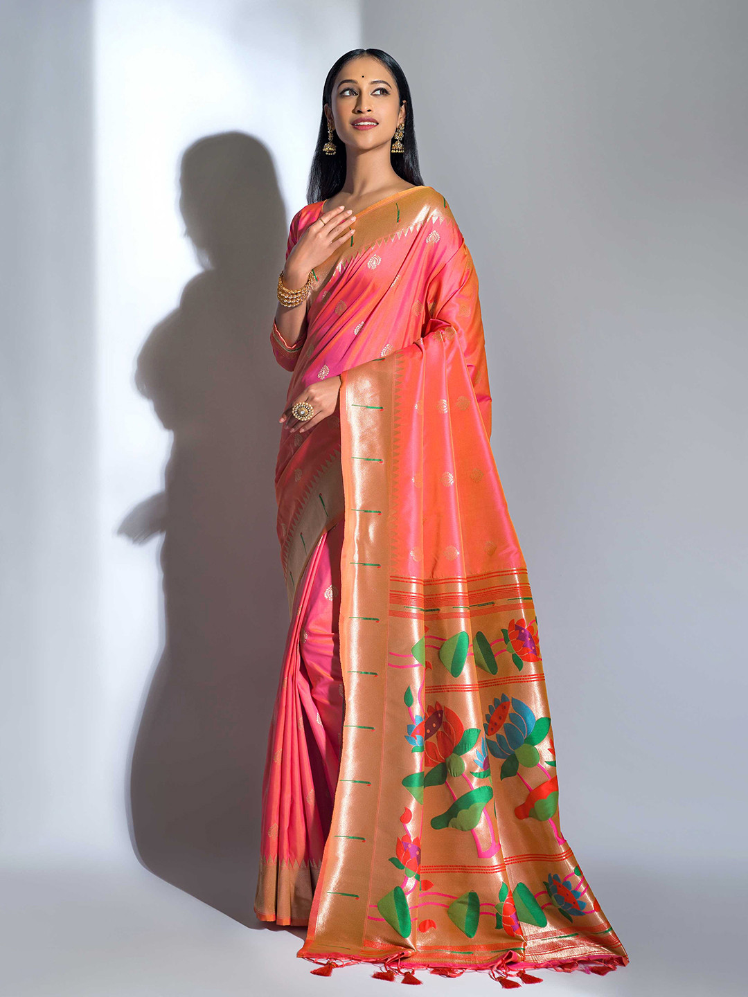 

Mitera Peach-Coloured & Green Ethnic Woven Design Zari Paithani Saree