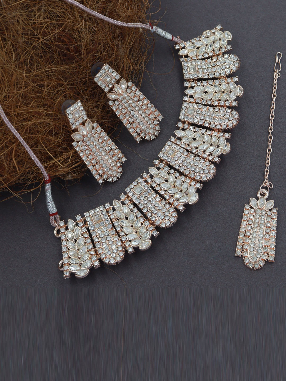 

Rhymee Rose Gold-Plated American Diamond Stone-Studded Jewellery Set