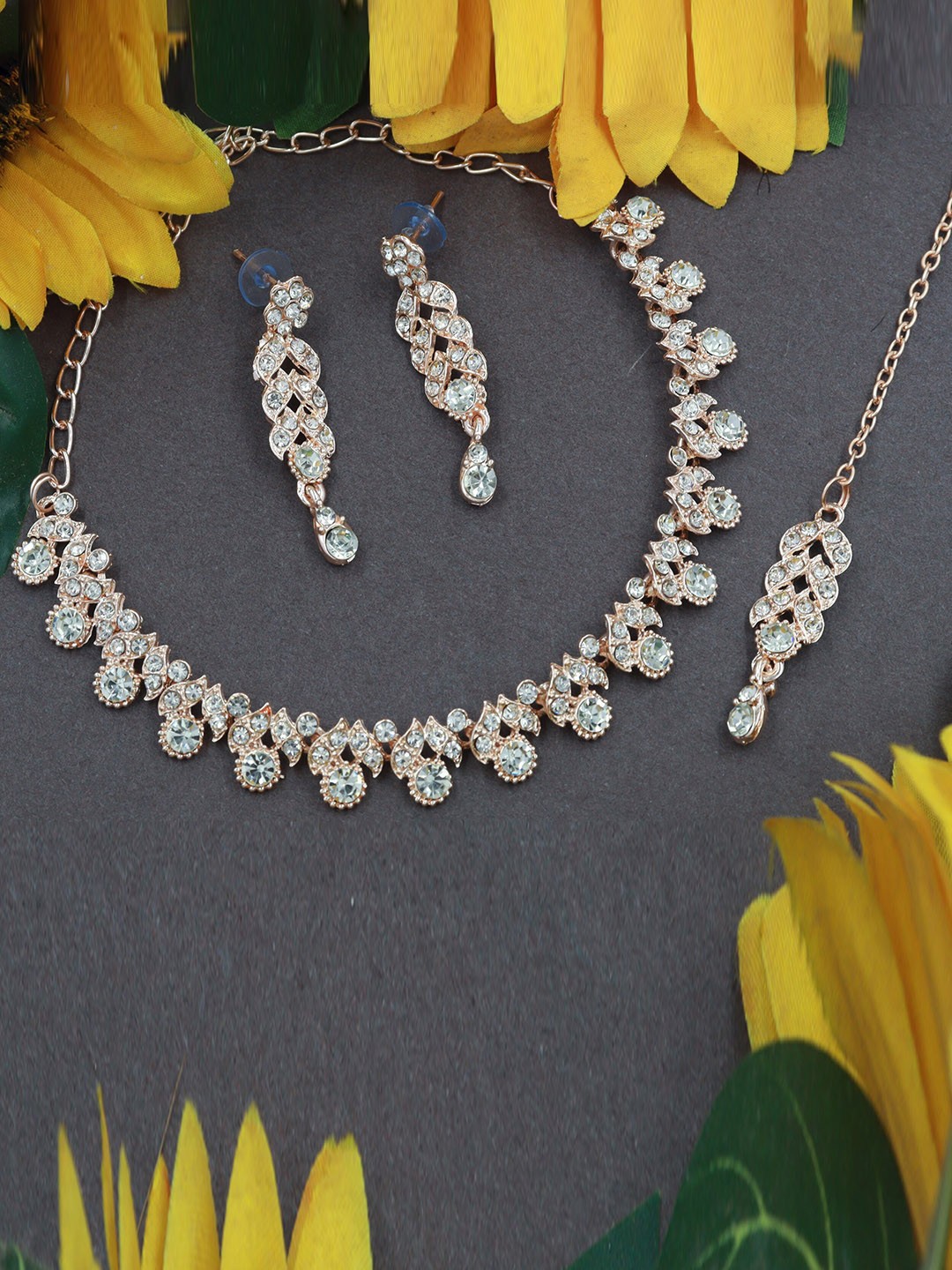 

Rhymee Rose Gold-Plated AD Stone-Studded Jewellery Set With Maang Tikka