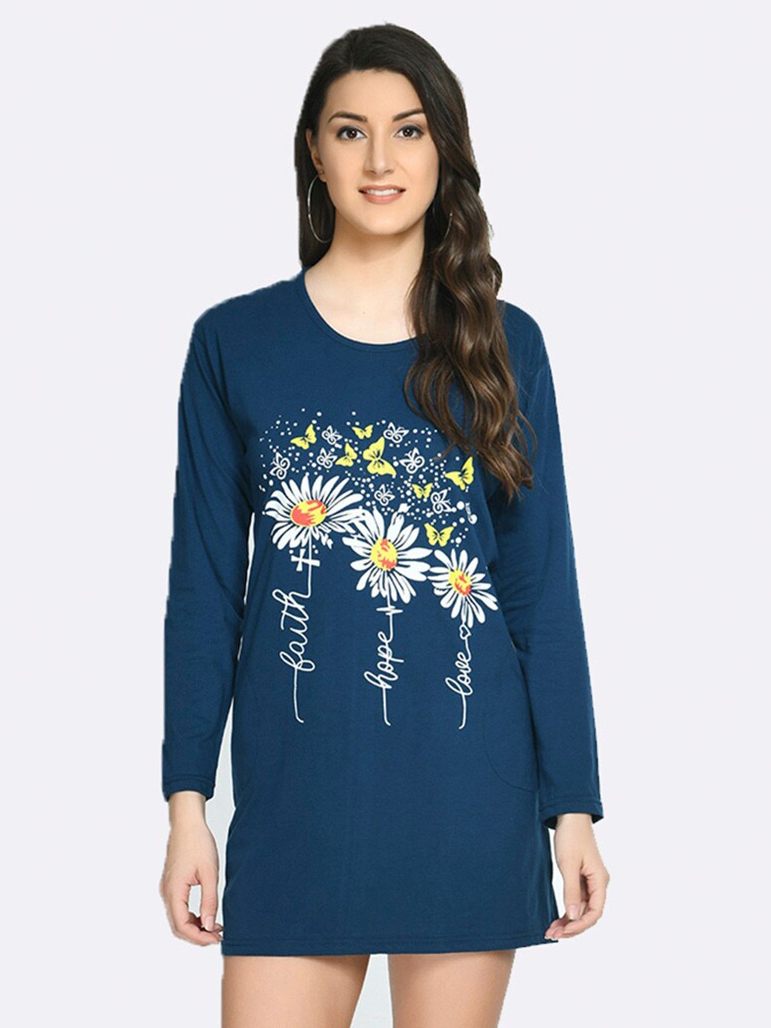 

Viral trend Floral Printed Cotton Longline T-shirt, Blue