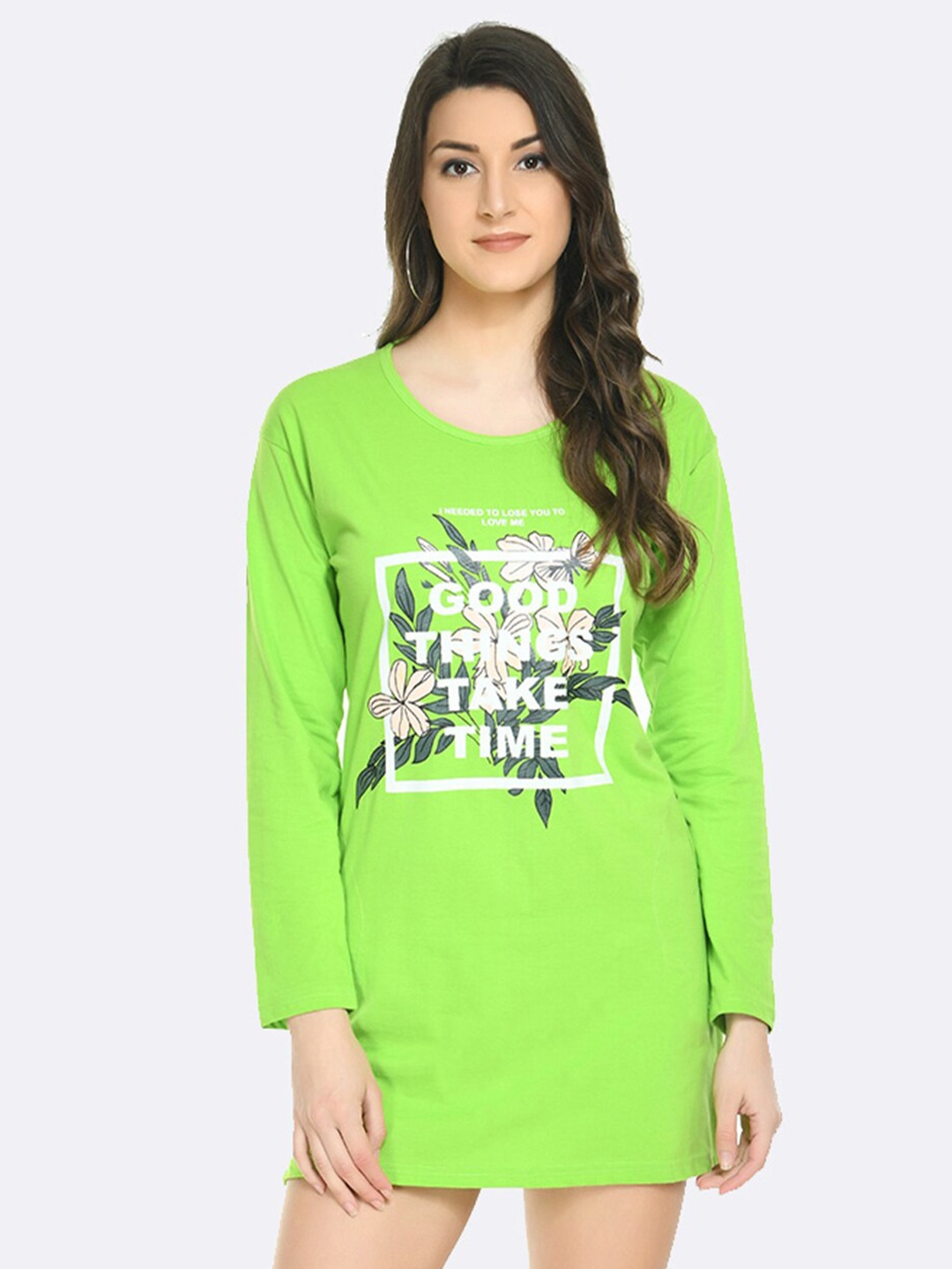 

Viral trend Typography Printed Cotton Mini T-Shirt Dress, Fluorescent green