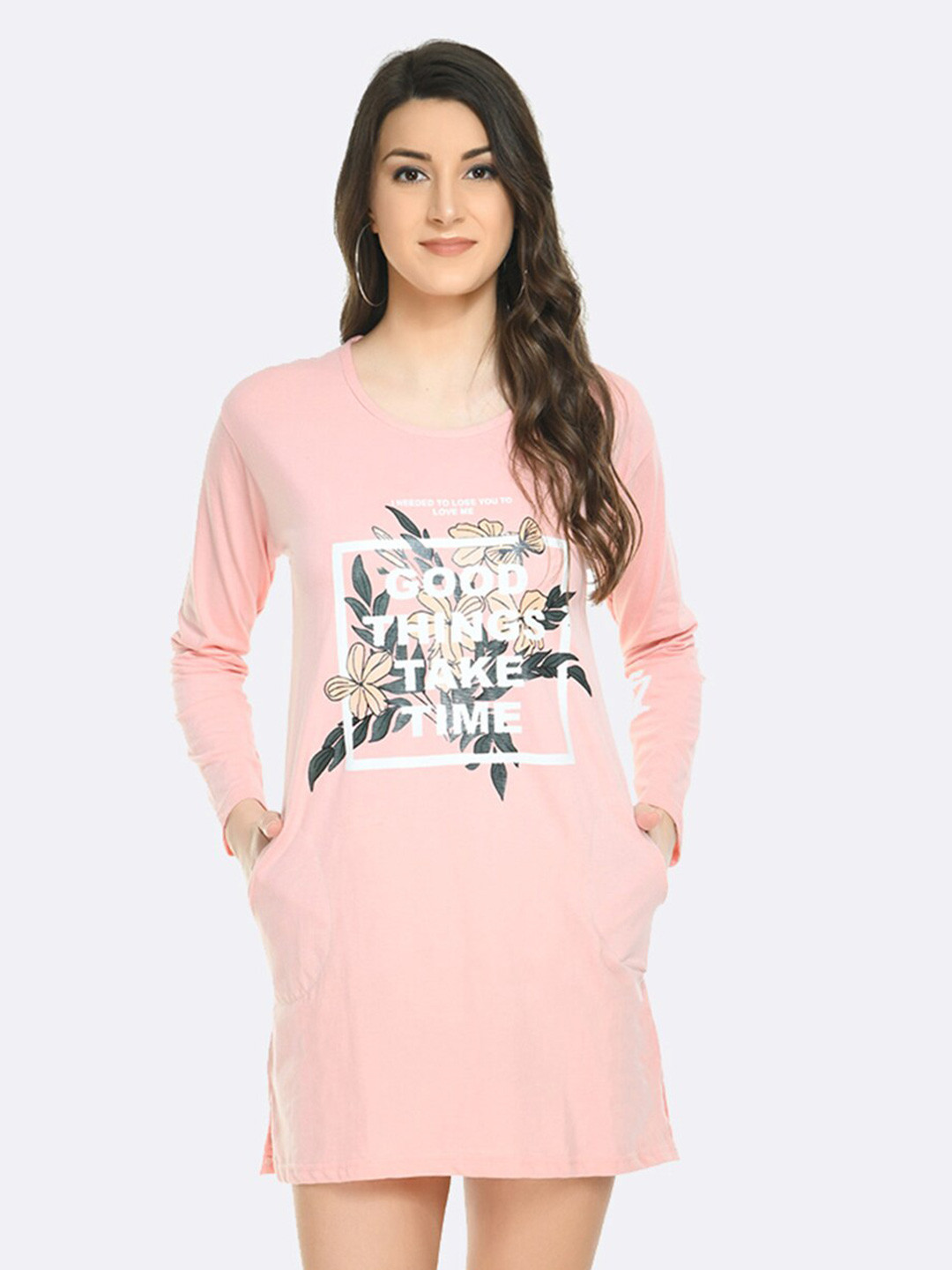 

Viral trend Typography Printed Cotton Mini T-Shirt Dress, Peach
