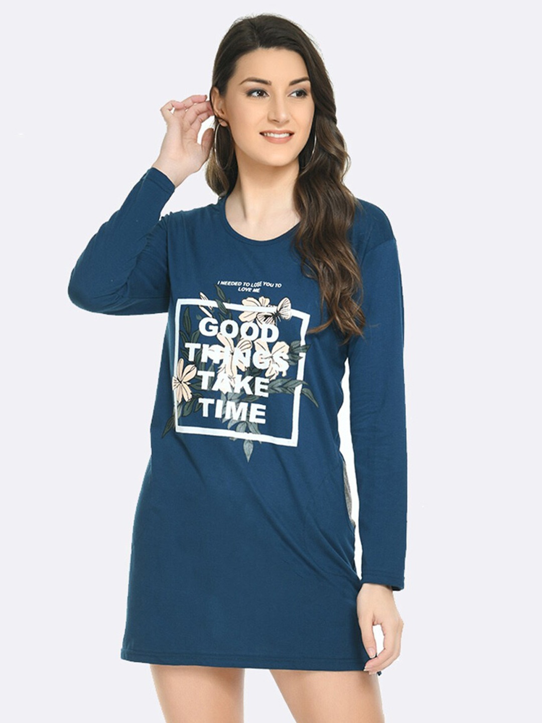 

Viral trend Typography Printed Cotton Longline T-shirt, Blue