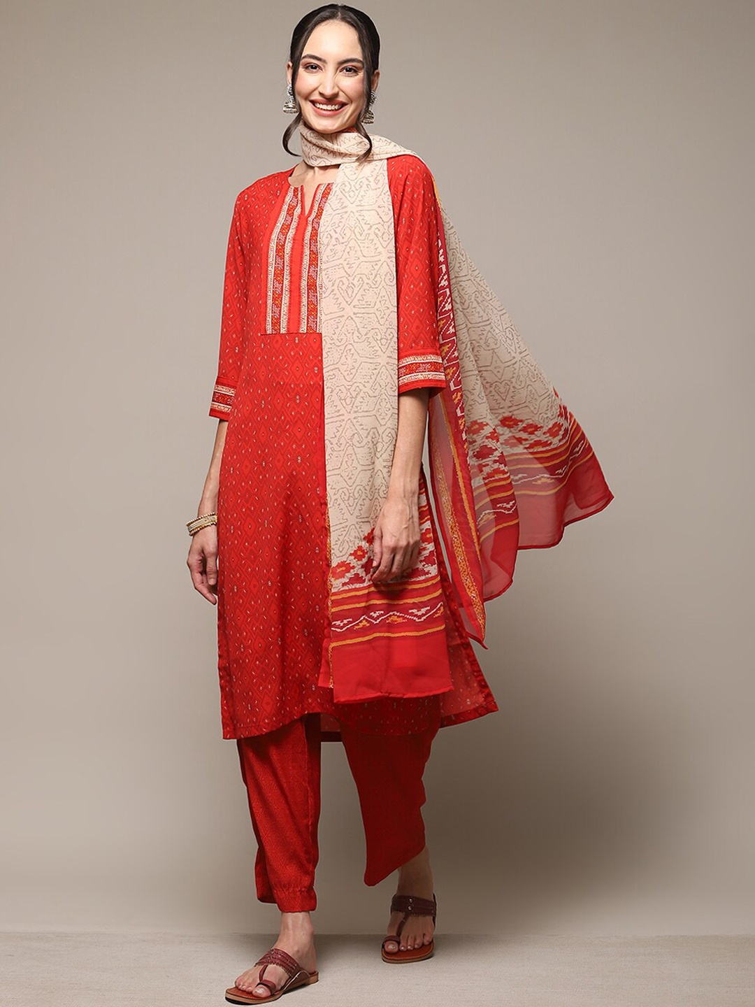 

Biba Ethnic Motifs Printed Regular Kurta With Palazzos & Dupatta, Red