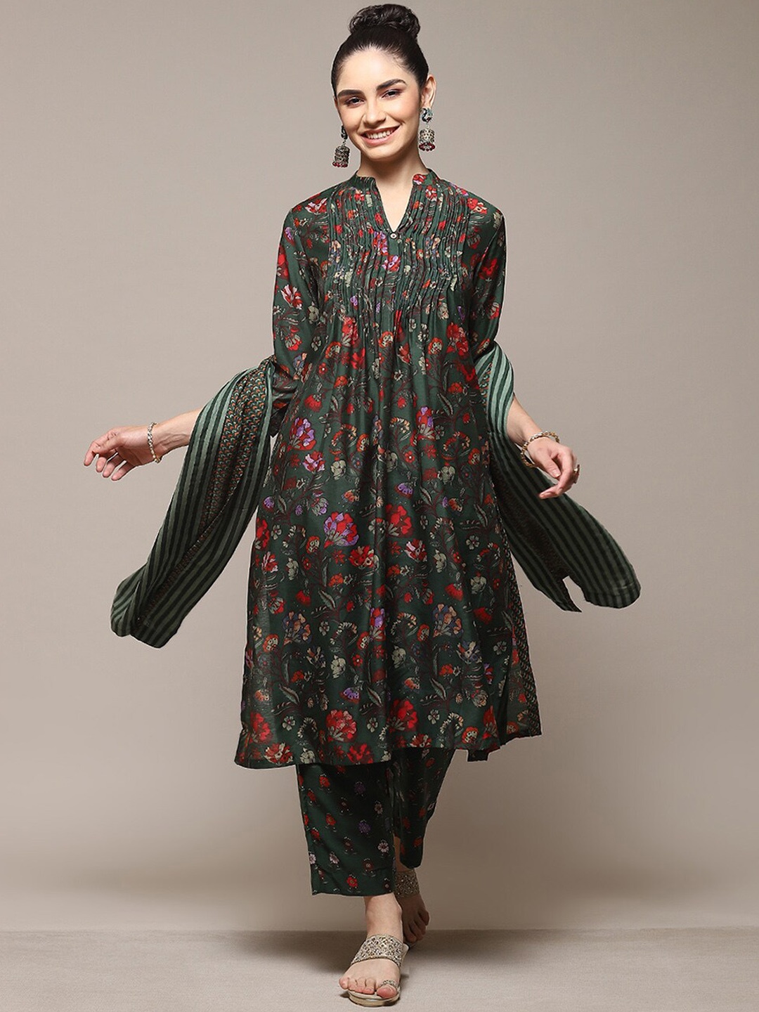 

Biba Floral Printed Pleated Kurta With Palazzos & Dupatta, Green