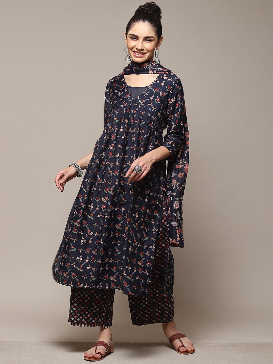 

Biba Floral Printed Empire Beads Kurta With Palazzos & Dupatta, Navy blue