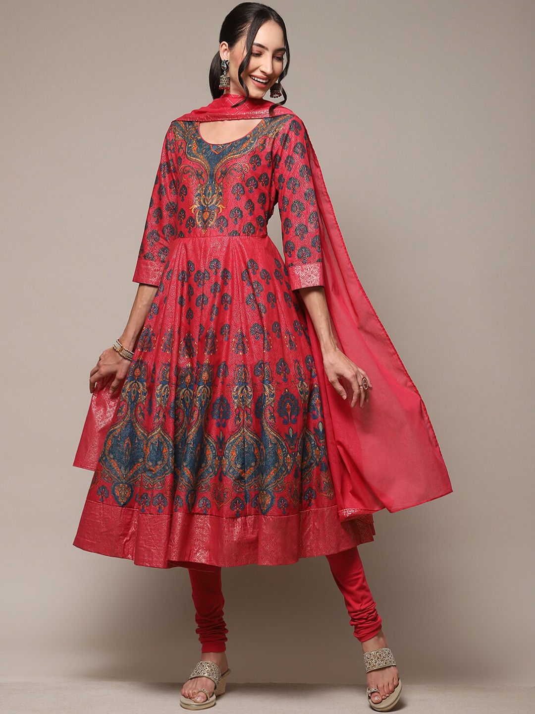 

Biba Ethnic Motifs Printed Empire Kurta With Churidar & Dupatta, Red