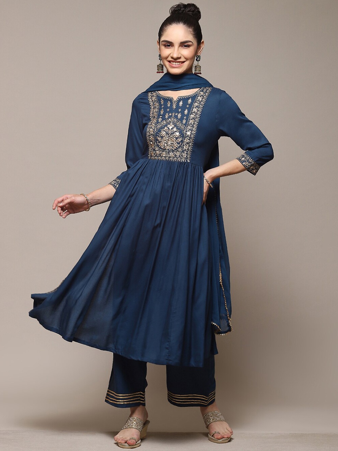 

Biba Embroidered Mirror Work A-Line Kurta & Palazzos With Dupatta, Teal