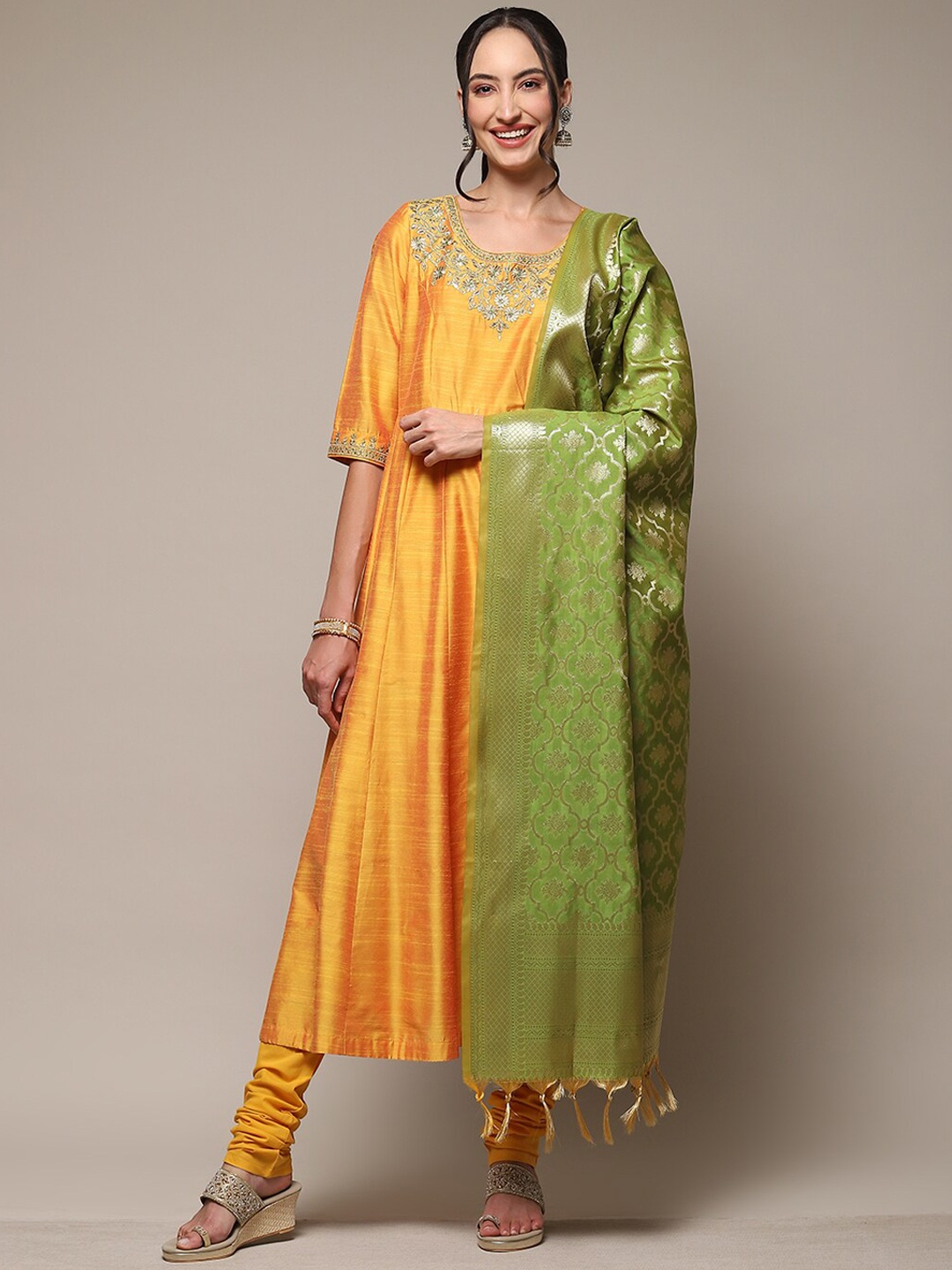 

Biba Embroidered Zardozi A-Line Kurta & Churidar With Dupatta, Mustard