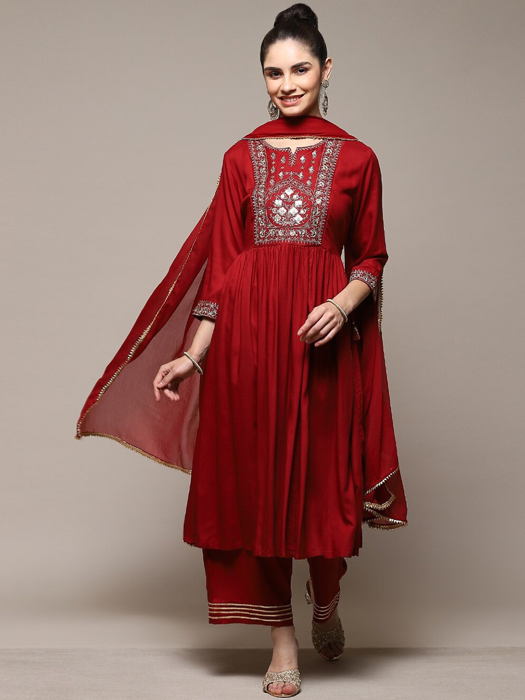 

Biba Ethnic Motifs Embroidered Round Neck Kurta & Palazzos with Dupatta, Maroon