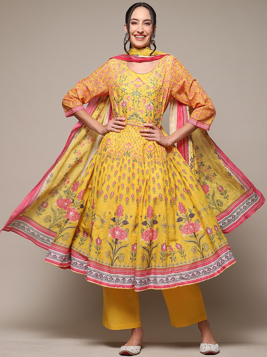 

Biba Ethnic Motifs Printed Round Neck Kurta with Palazzos & With Dupatta, Yellow