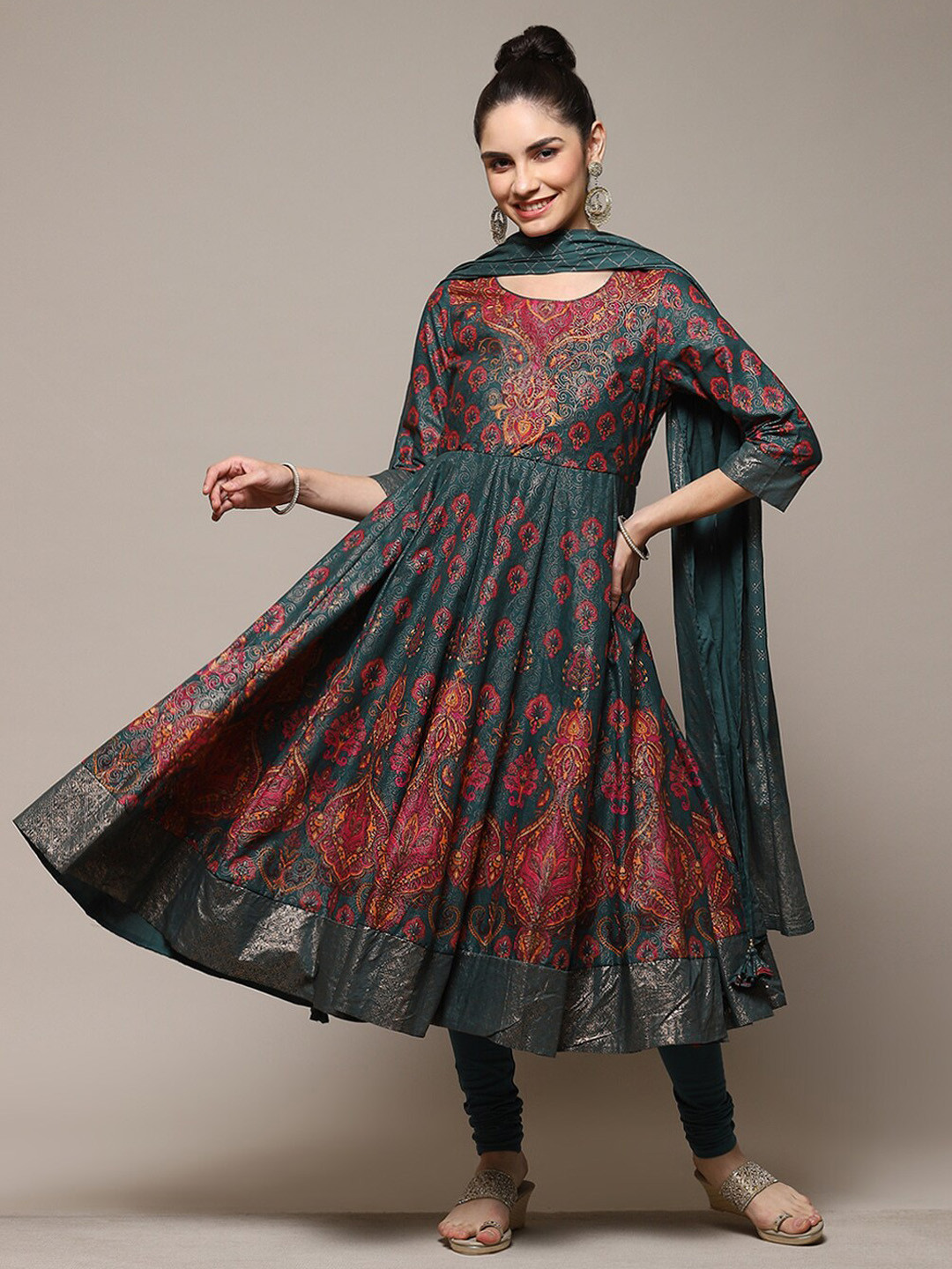 

Biba Ethnic Motifs Printed Round Neck Kurta with Churidar & With Dupatta, Green