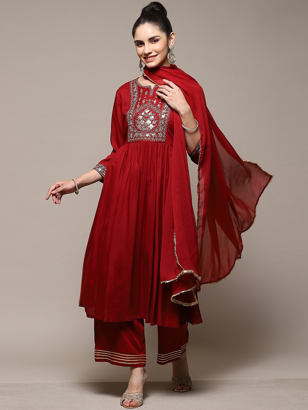 

Biba Ethnic Motifs Yoke Design Thread Work Kurta With Palazzos & Dupatta, Maroon