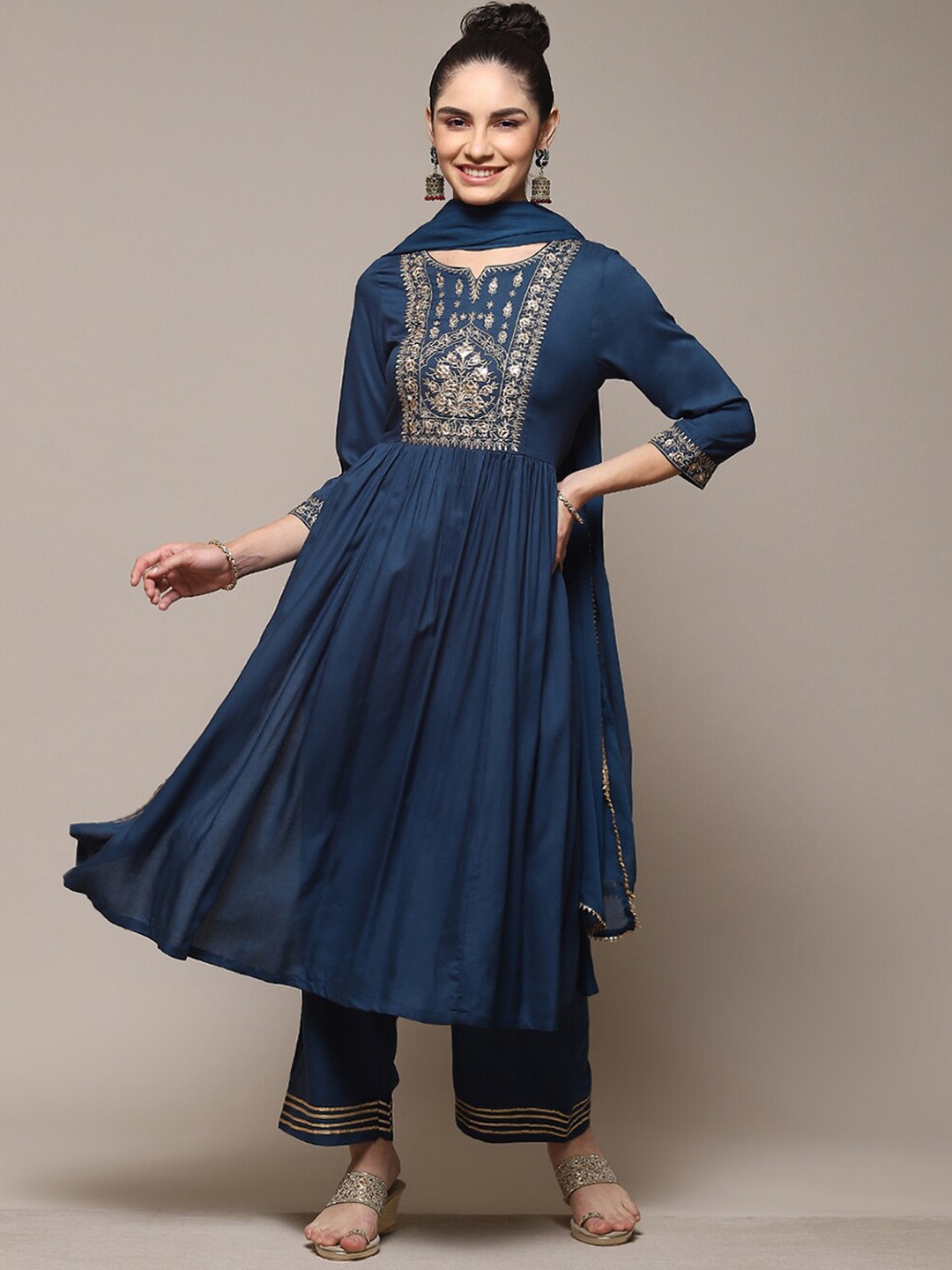 

Biba Ethnic Motifs Yoke Design Thread Work Kurta With Palazzos & Dupatta, Teal