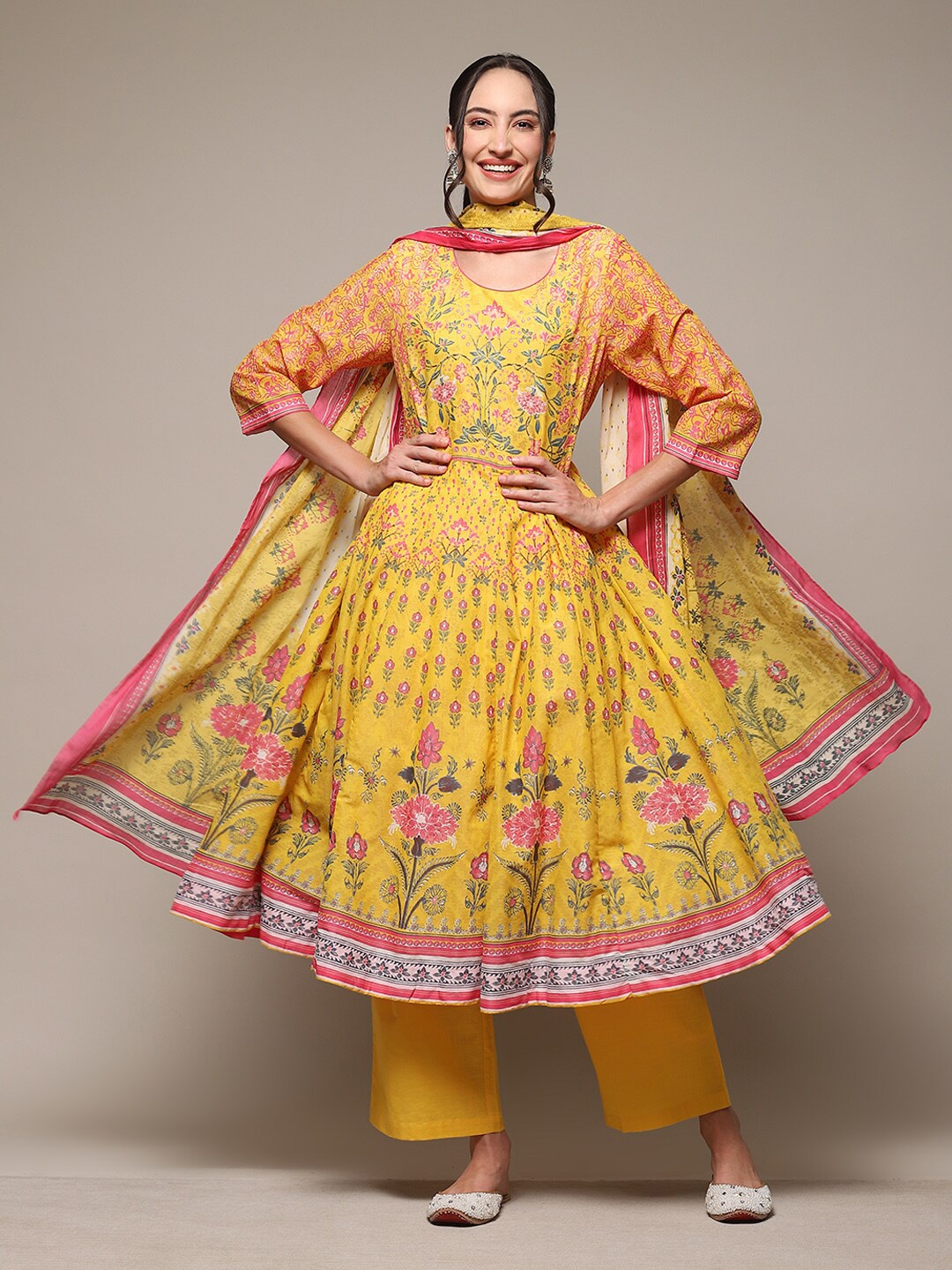 

Biba Floral Printed Round Neck Anarkali Kurta With Palazzos & Dupatta, Yellow