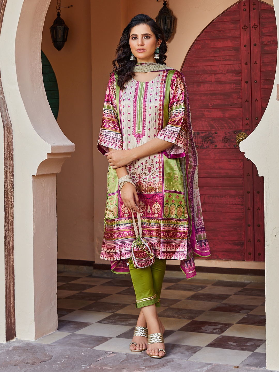 

Biba Ethnic Motifs Printed Flared Sleeves Kurta With Trousers & Dupatta, Green