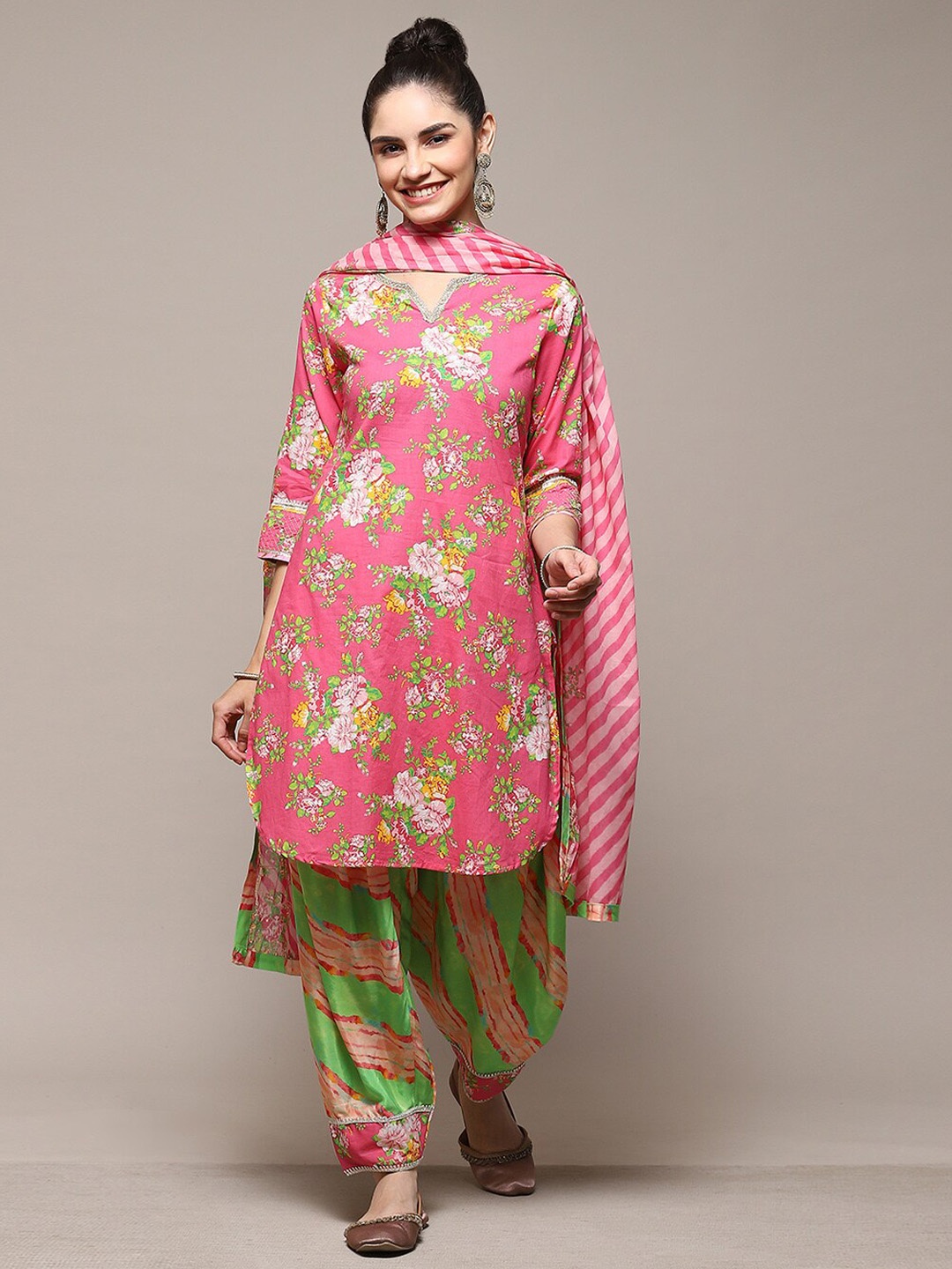 

Biba Floral Printed Kurta with Salwar & Dupatta, Pink