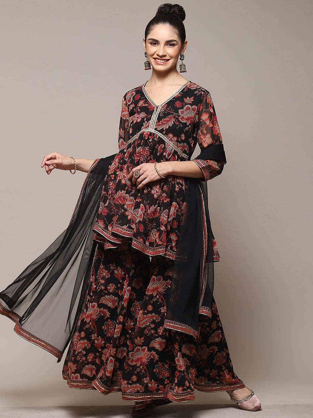 

Biba Floral Printed Embroidered Anarkali Kurti with Sharara & Dupatta, Black