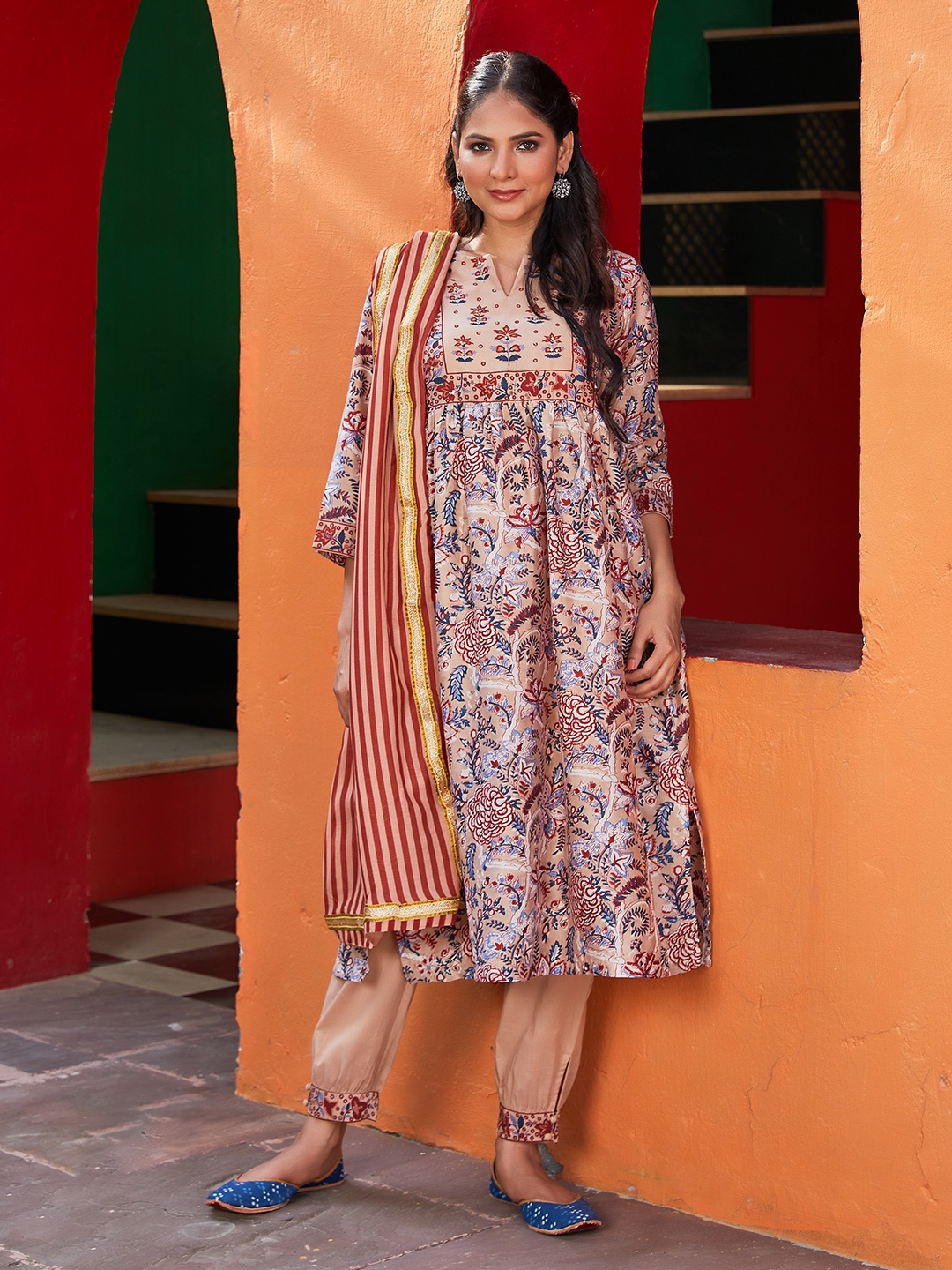 

Biba Floral Printed Chanderi Cotton Kurta & Trousers With Dupatta, Beige