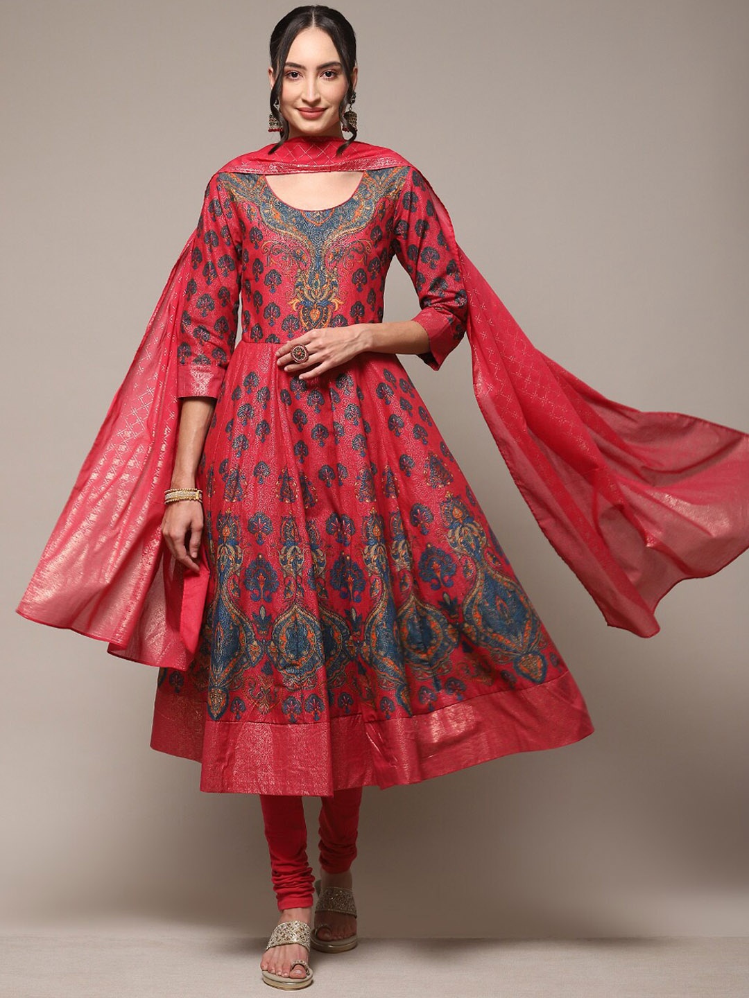 

Biba Ethnic Motifs Printed Anarkali Kurta & Churidar With Dupatta, Red