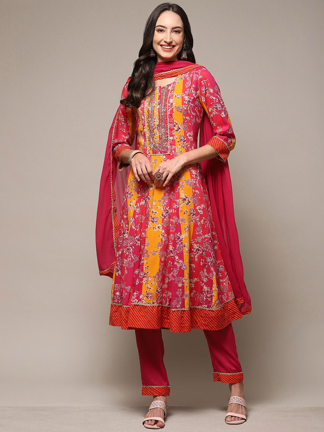 

Biba Floral Printed Yoke Design Regular Zari Detail Kurta with Churidar & Dupatta, Pink